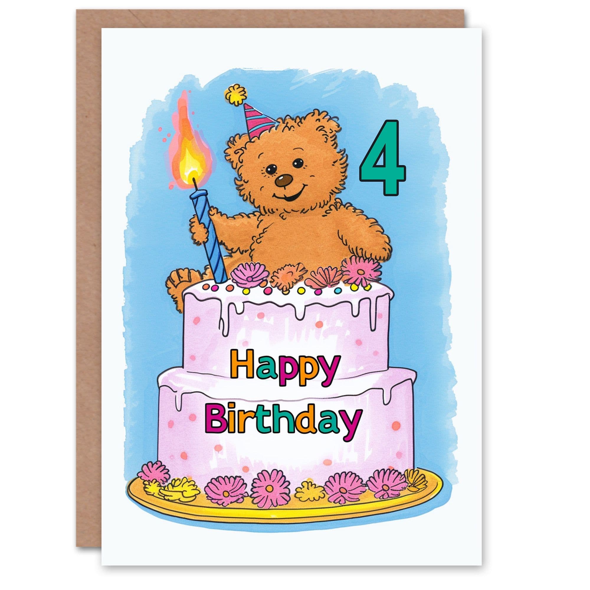 Birthday Card Teddy Bear Cake Party Hat Cartoon Cute 4th Old Son Daughter Greeting Card