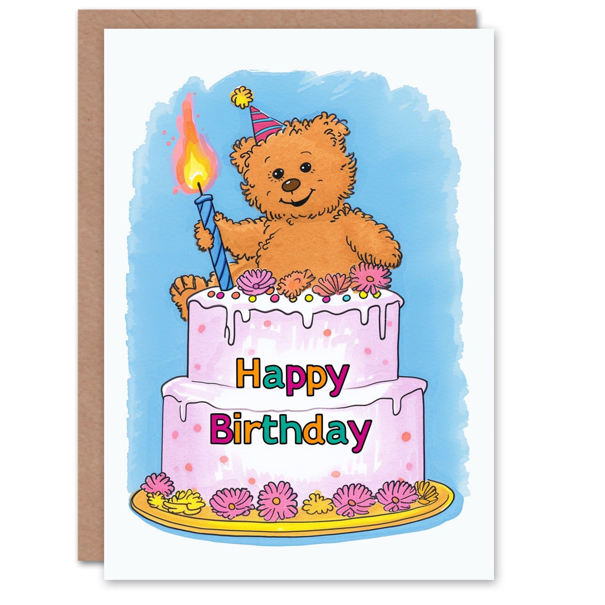 Artery8 Birthday Card Teddy Bear Cake Party Hat Cartoon Cute For Child Kids Son Daughter Greeting Card