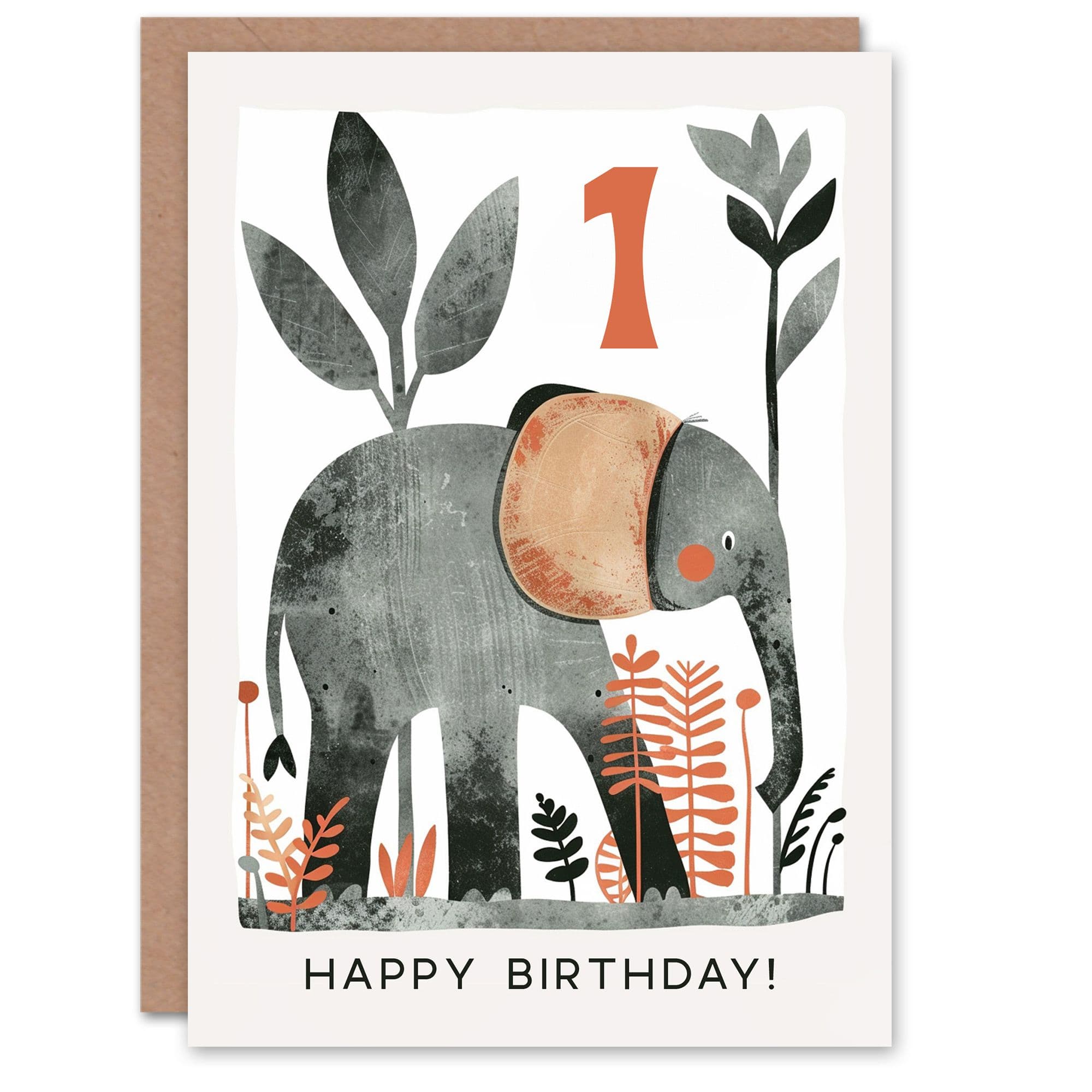 Birthday Card Elephant Safari Nature Animal Cartoon Cute 1st First One Year Old Son Daughter Greeting Card