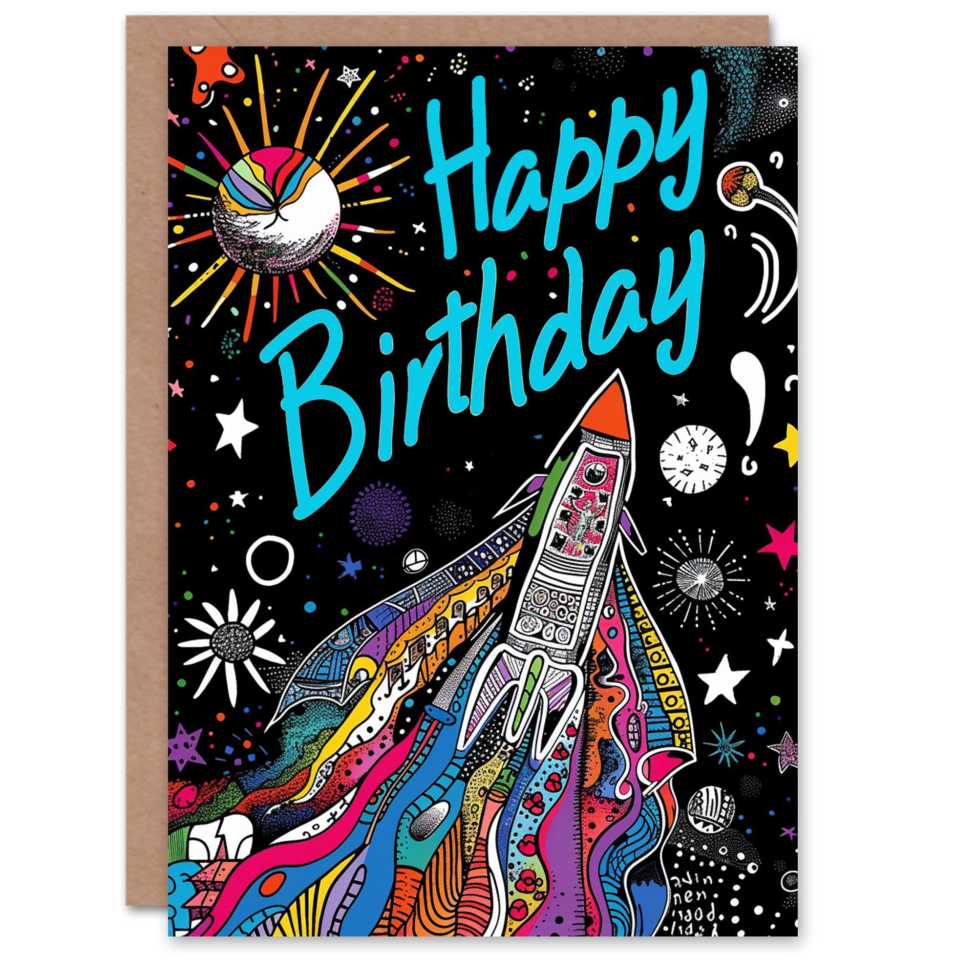 Artery8 Birthday Card Space Rocket Ship Planets Colourful Fun For Child Kids Son Daughter Greeting Card