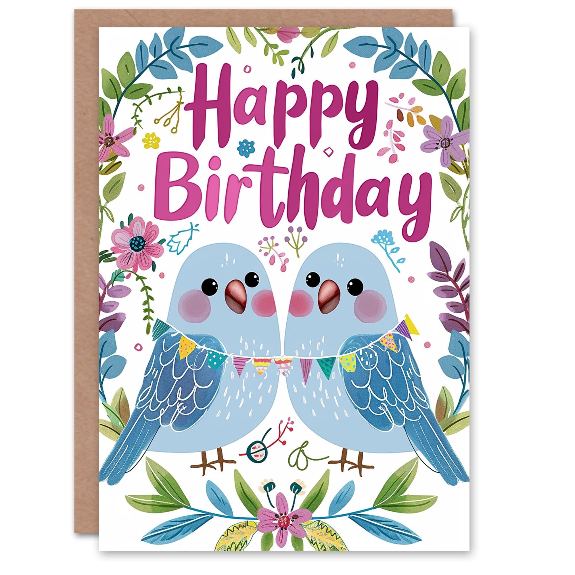 Birthday Card Birds Pennant String Floral Design Cute Son Daughter Greeting Card
