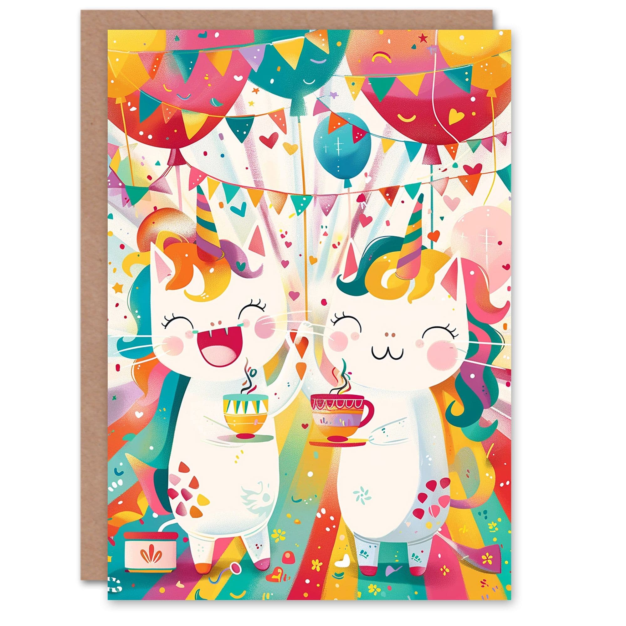 Birthday Card Cat Lover Unicorn Party Colourful Cute Cartoon Son Daughter Greeting Card