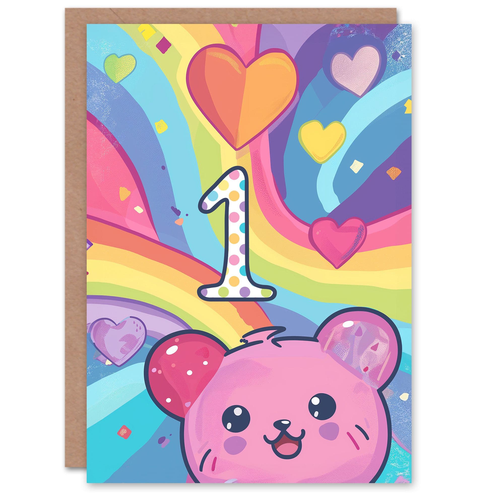 Artery8 Birthday Card Hamster Bear Rainbow Kawaii Cartoon Cute 1st First One Year Old For Child Kids Son Daughter Greeting Card