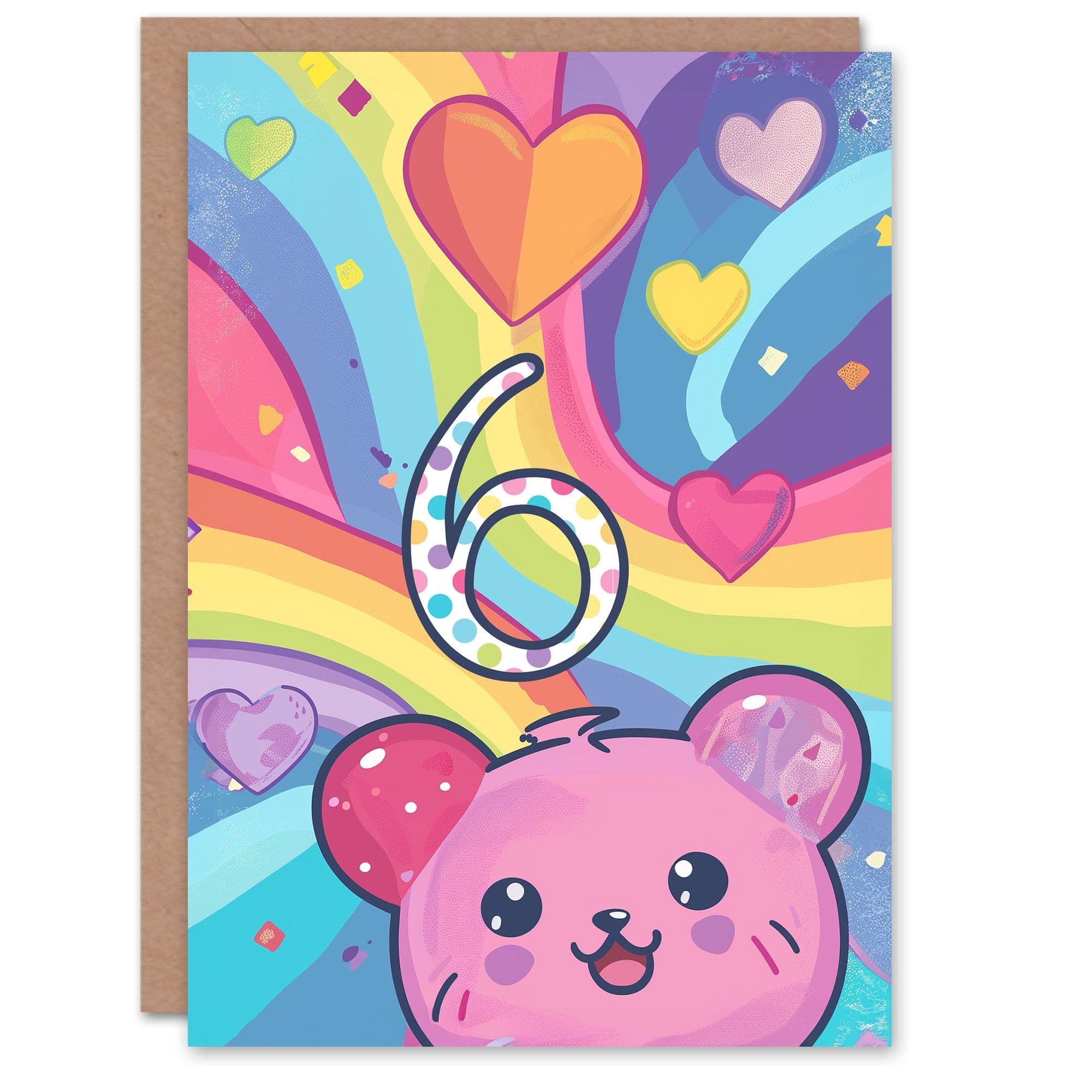 Artery8 Birthday Card Hamster Bear Rainbow Kawaii Cartoon Cute 6th 6 Year Old For Child Kids Son Daughter Greeting Card