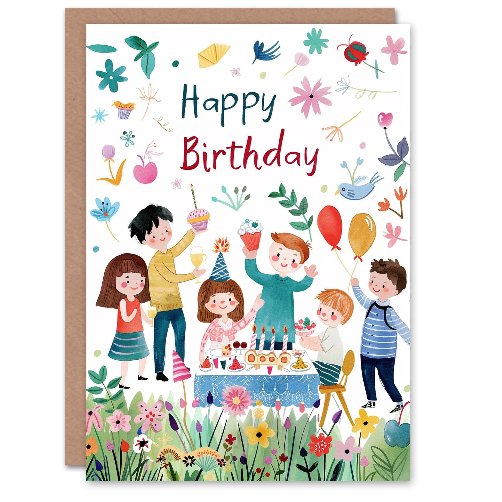 Birthday Card Party Cake Balloons Flowers Cartoon Cute Son Daughter Greeting Card