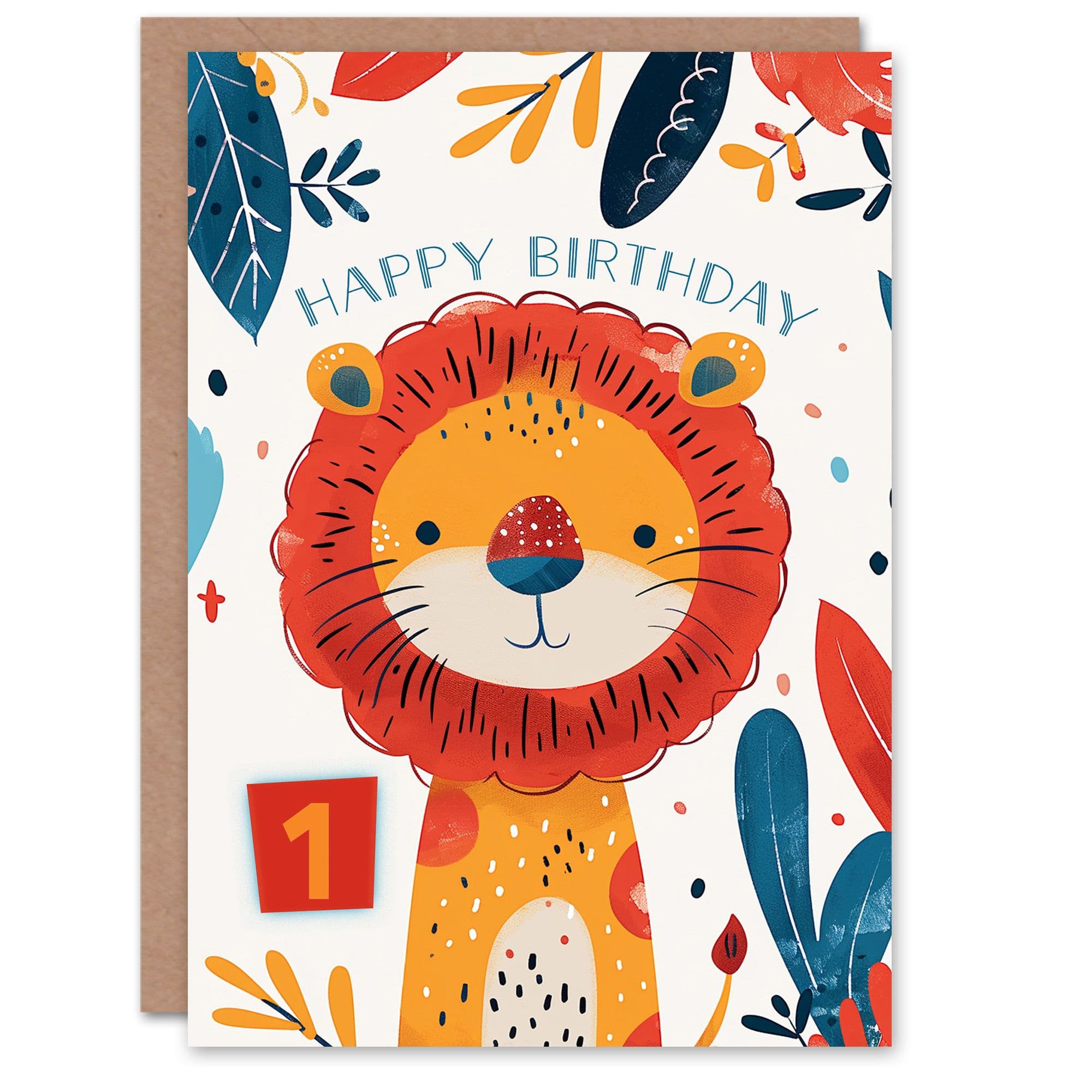 Birthday Card Cute Jungle Lion Bright Cartoon Drawing 1st First One Year Old Son Daughter Greeting Card