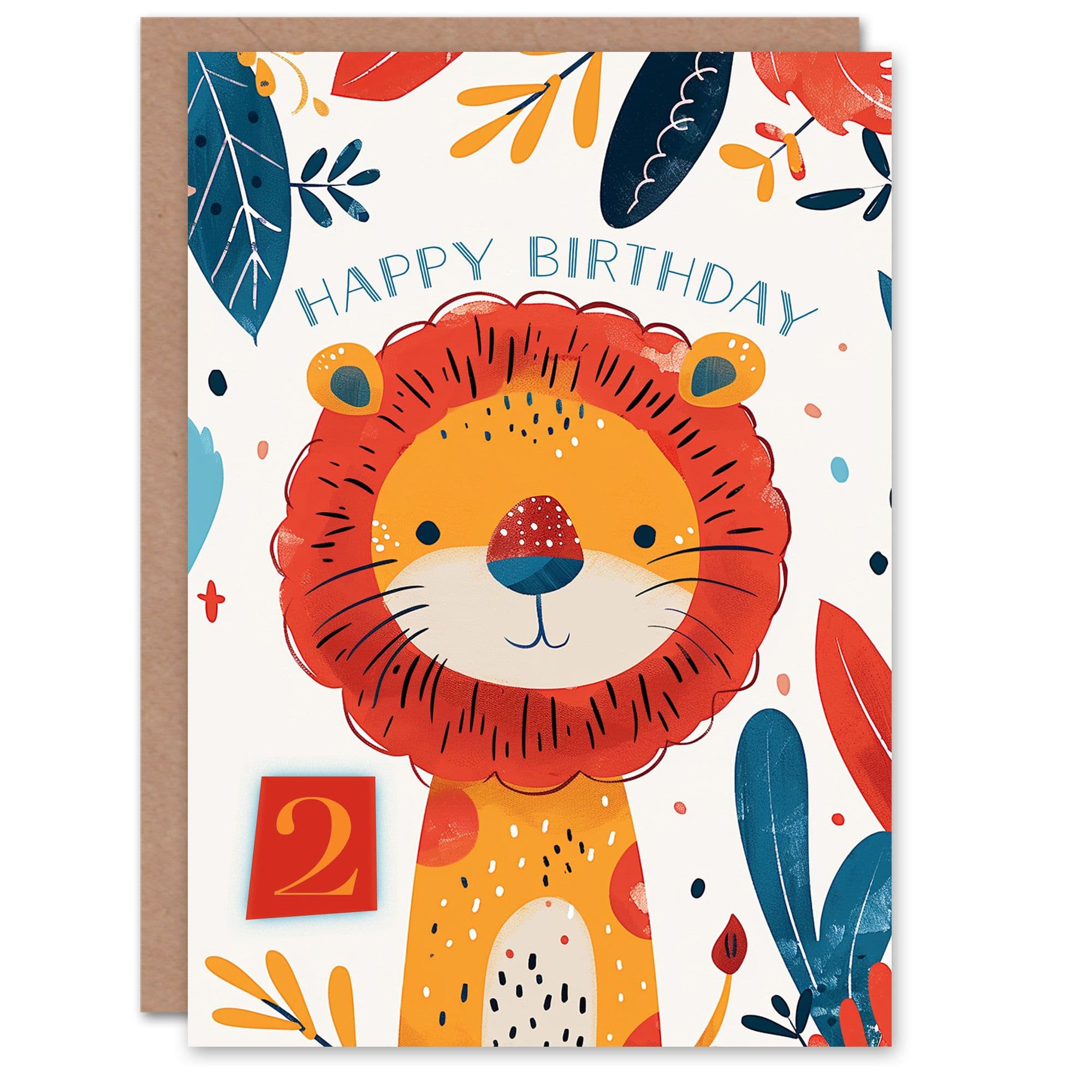 Artery8 Birthday Card Cute Jungle Lion Bright Cartoon Drawing 2nd 2 Year Old For Child Kids Son Daughter Greeting Card