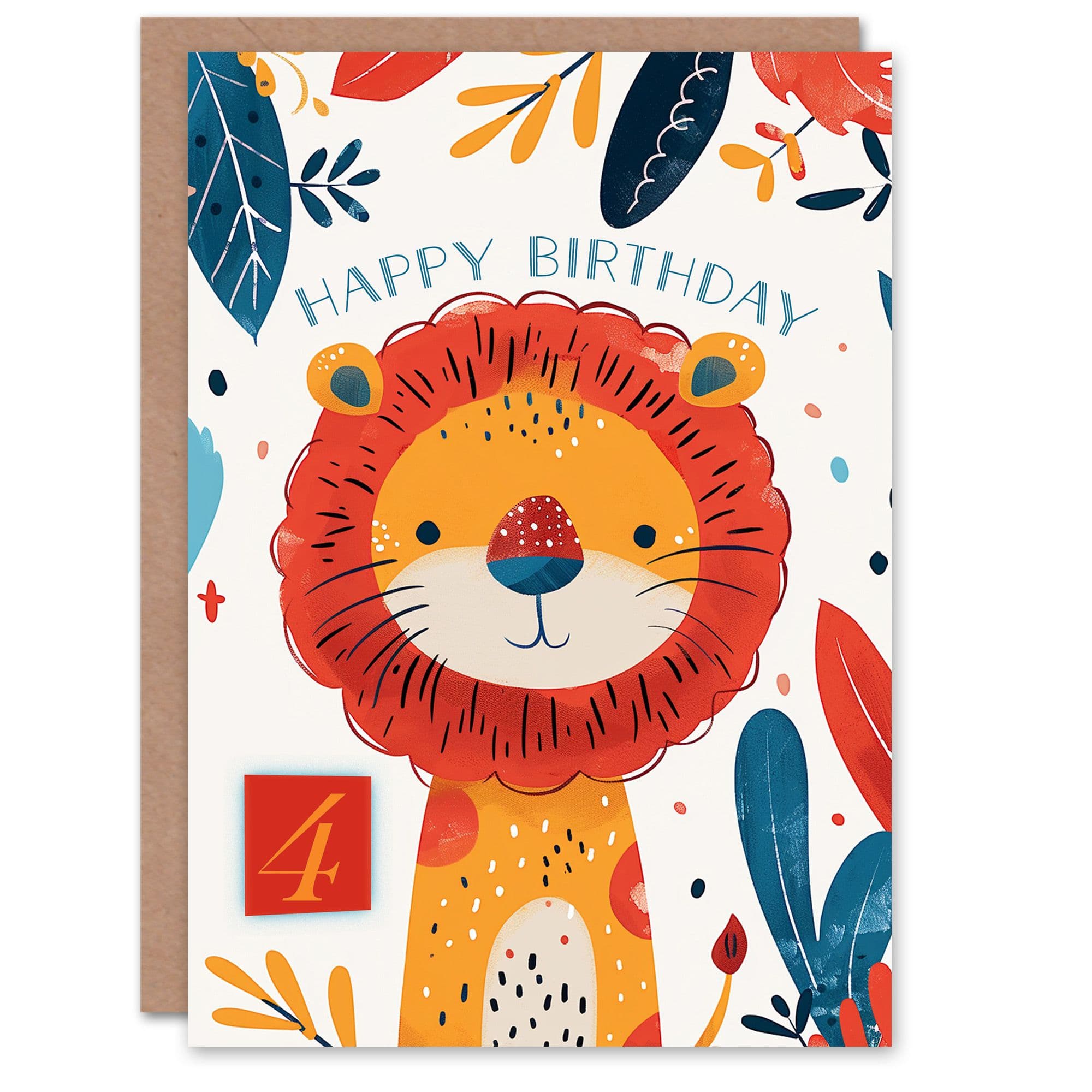 Artery8 Birthday Card Cute Jungle Lion Bright Cartoon Drawing 4th 4 Year Old For Child Kids Son Daughter Greeting Card