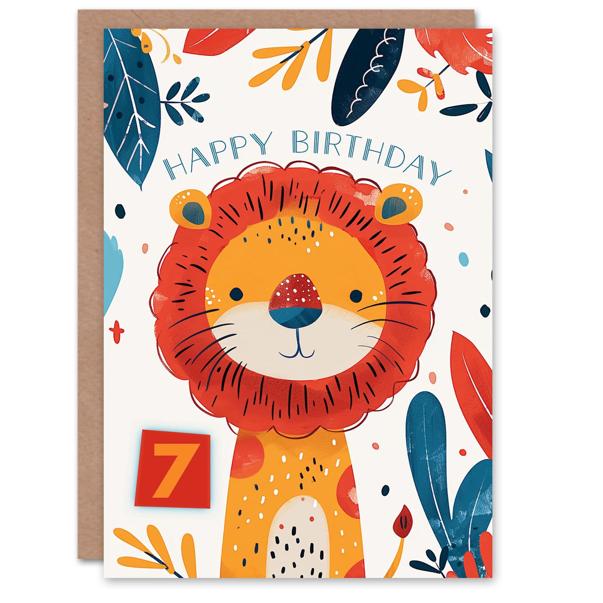Birthday Card Cute Jungle Lion Bright Cartoon Drawing 7th Old Son Daughter Greeting Card