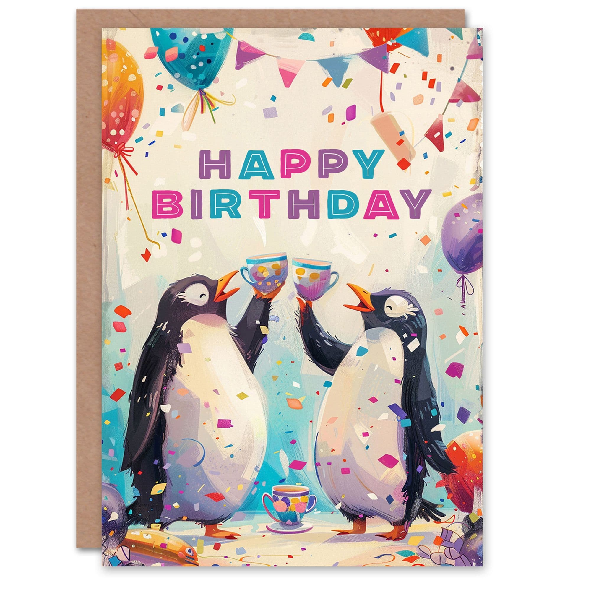 Birthday Card Happy Penguins Balloons Tea Party Cute Son Daughter Greeting Card