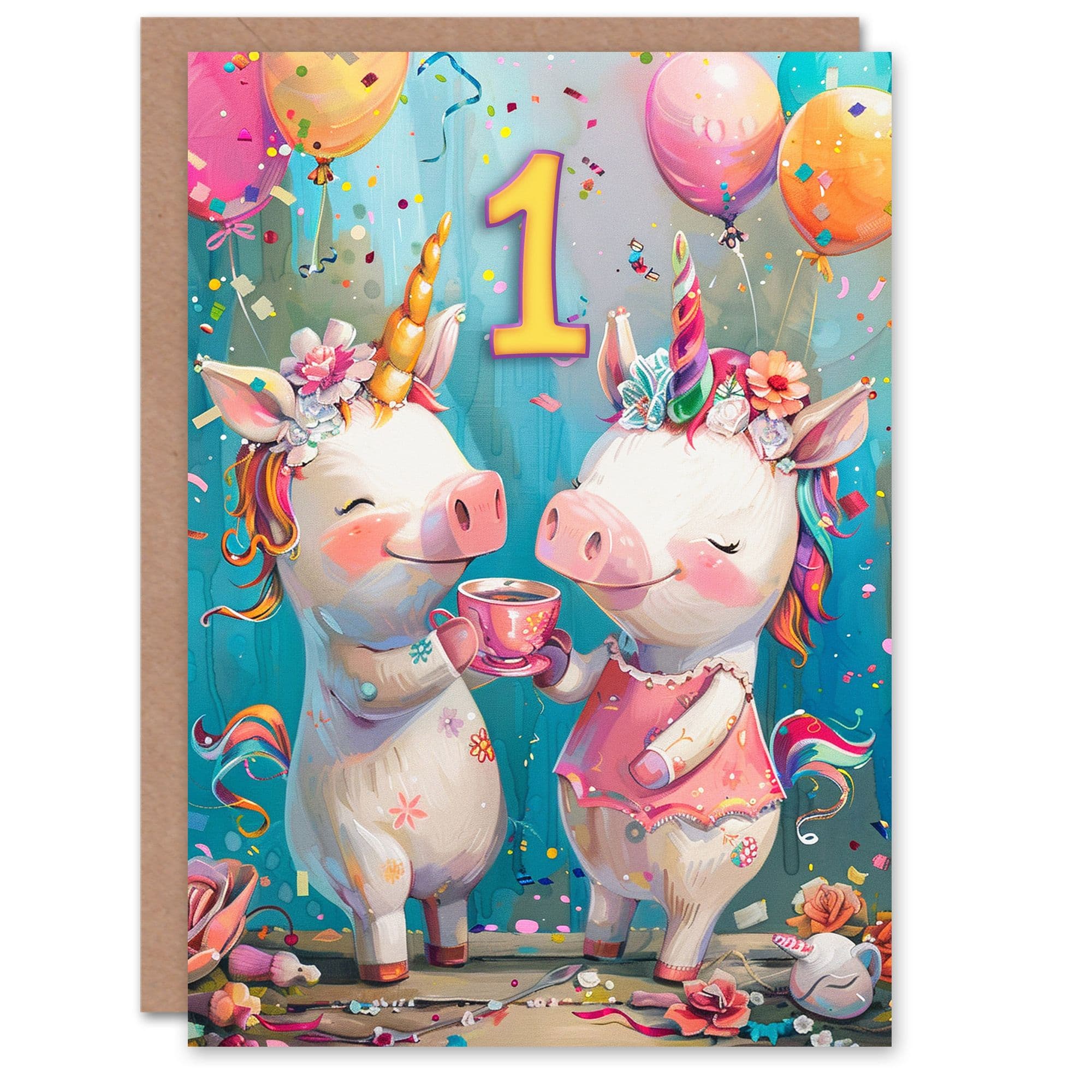 Artery8 Birthday Card Cute Pig Unicorn Piglet Party Balloons 1st First One Year Old For Child Kids Son Daughter Greeting Card