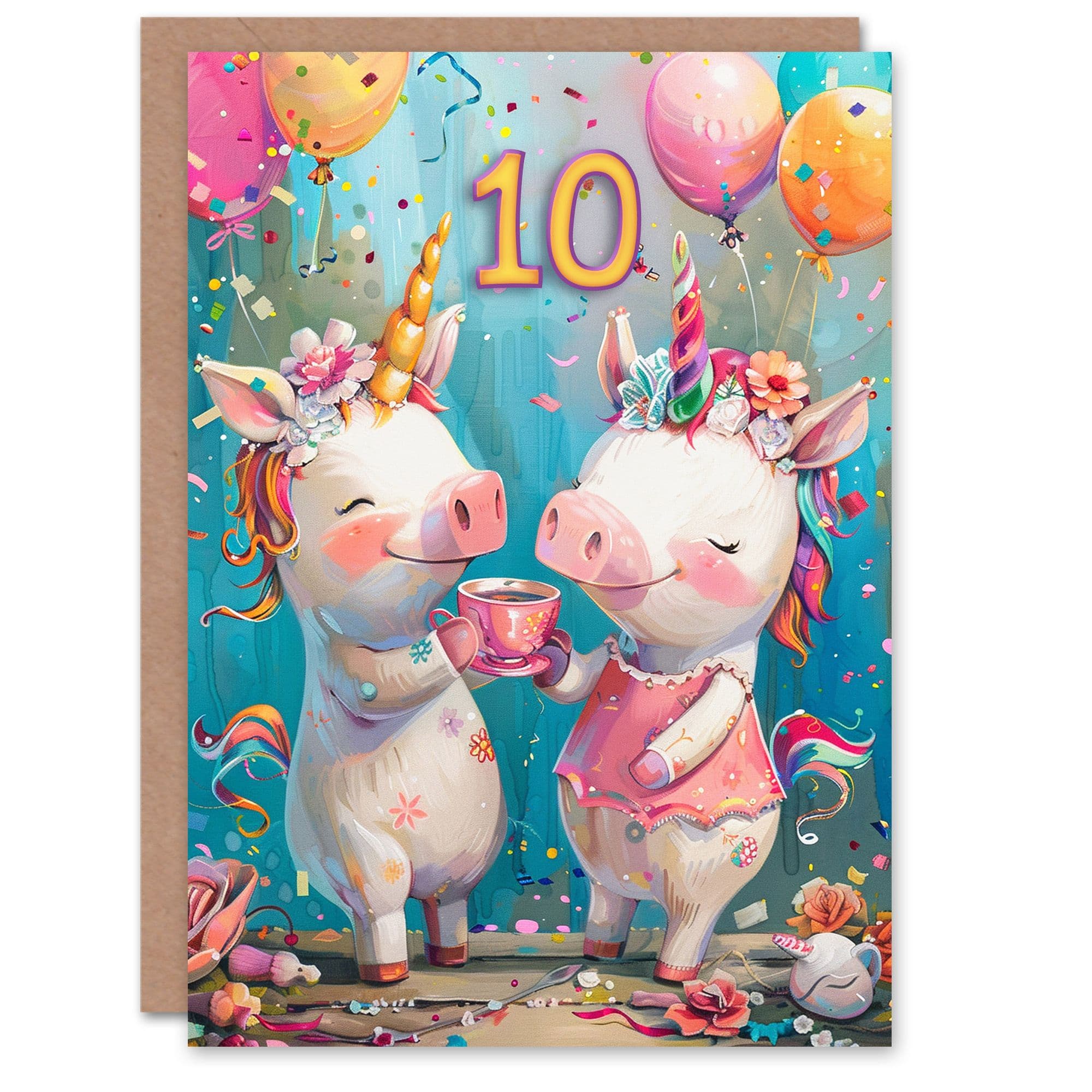 Artery8 Birthday Card Cute Pig Unicorn Piglet Party Balloons 10th 10 Year Old For Child Kids Son Daughter Greeting Card