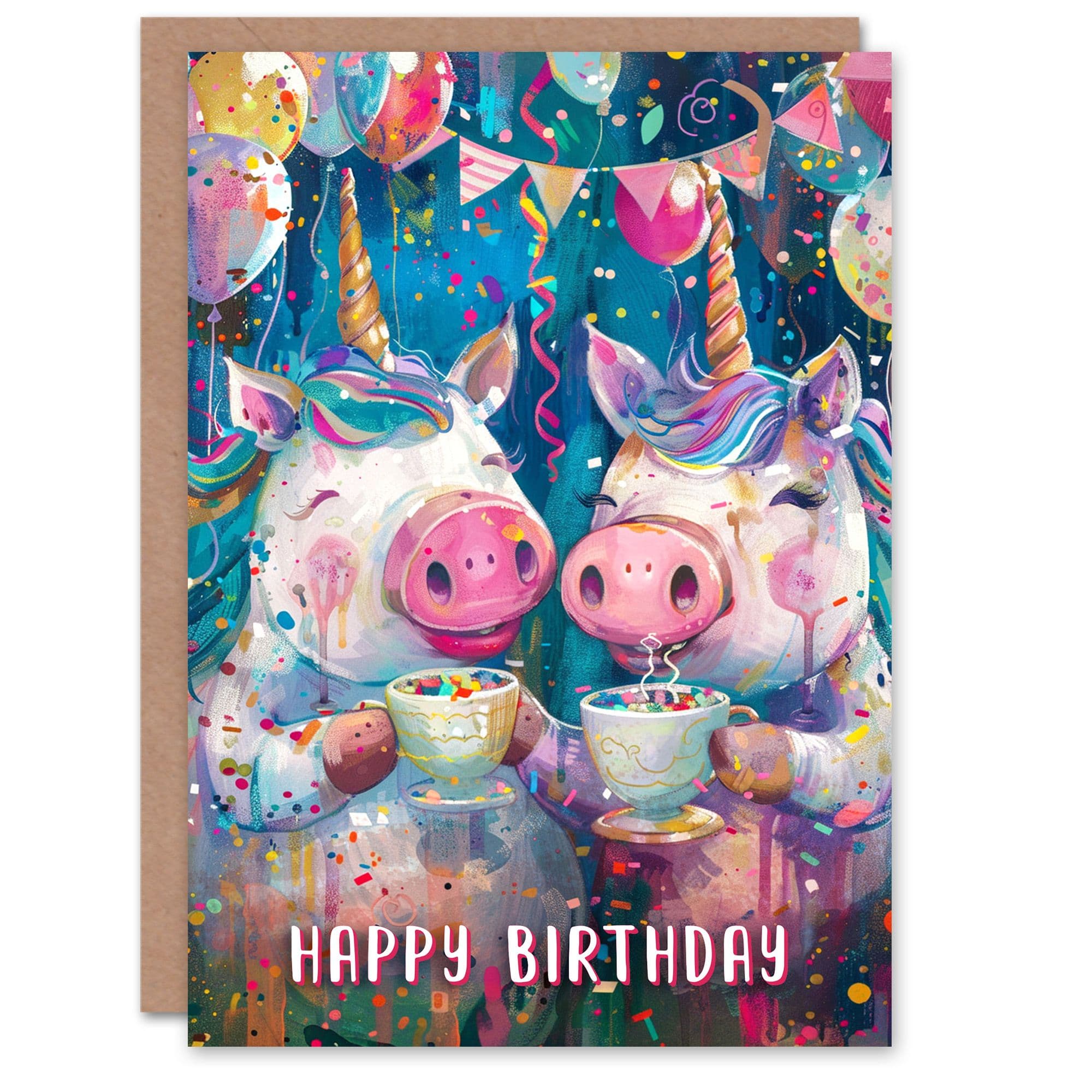 Birthday Card Cute Pig Unicorn Piglet Tea Party Son Daughter Greeting Card