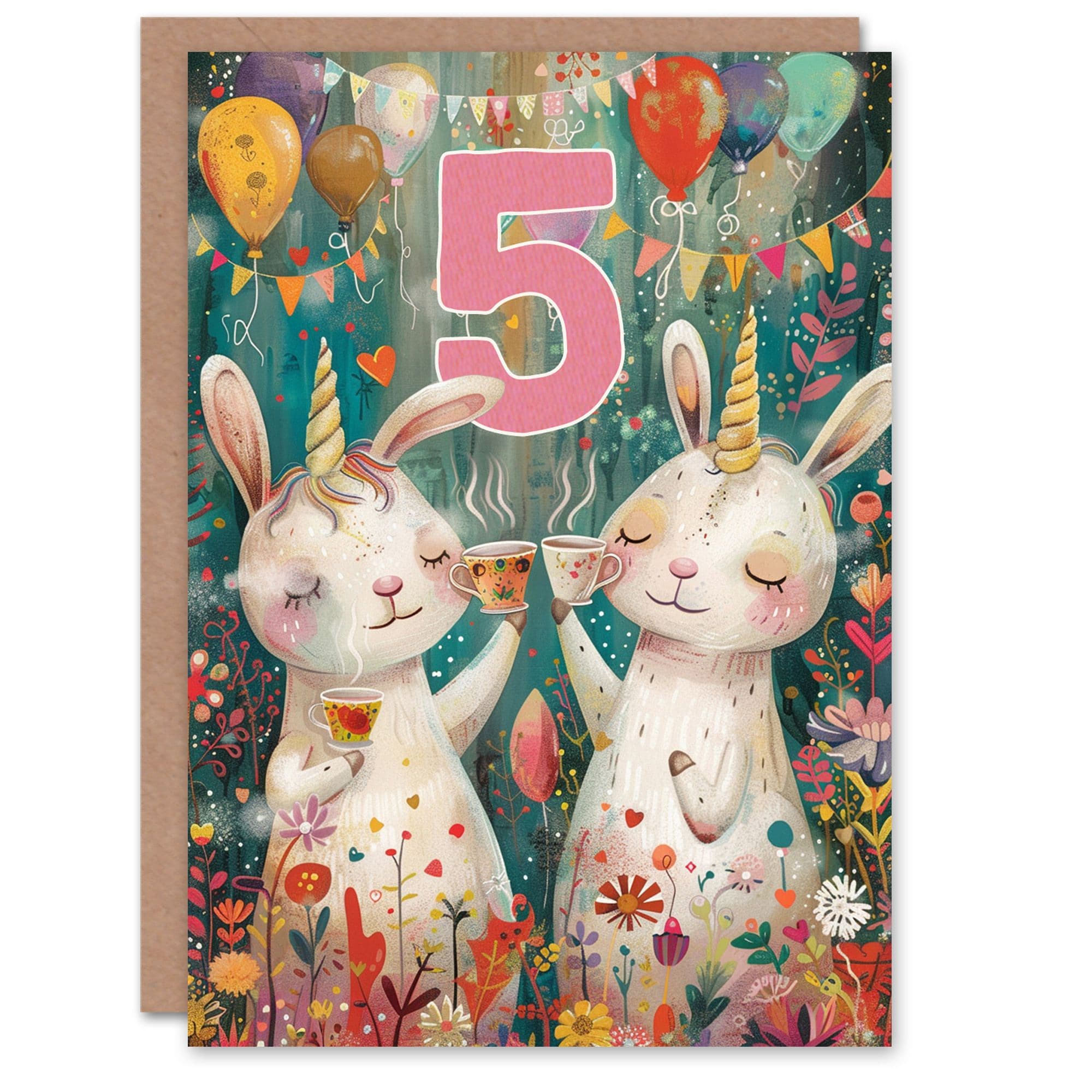 Artery8 Birthday Card Cute Bunny Rabbit Unicorn Balloons Forest Party 5th 5 Year Old For Child Kids Son Daughter Greeting Card