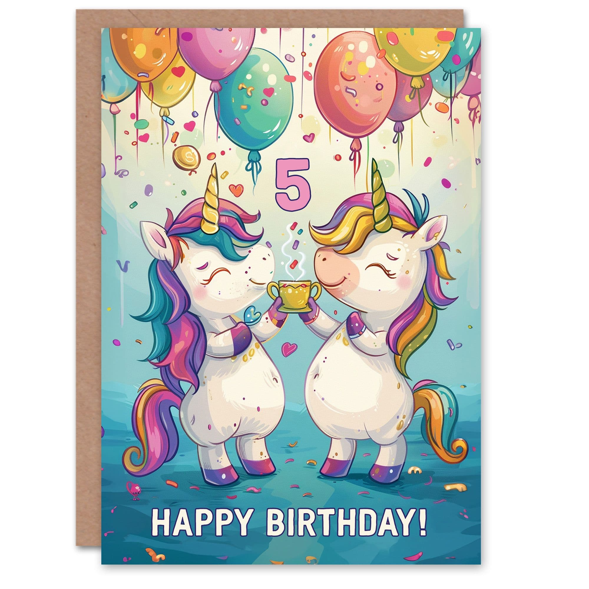 Artery8 Birthday Card Rainbow Unicorn Party Balloons Cartoon Cute 5th 5 Year Old For Child Kids Son Daughter Greeting Card