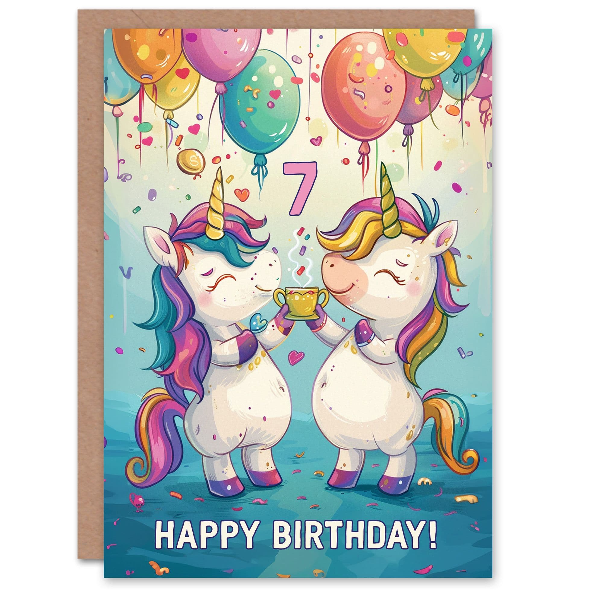 Birthday Card Unicorn Party Balloons Cartoon Cute 7th Old Son Daughter Greeting Card
