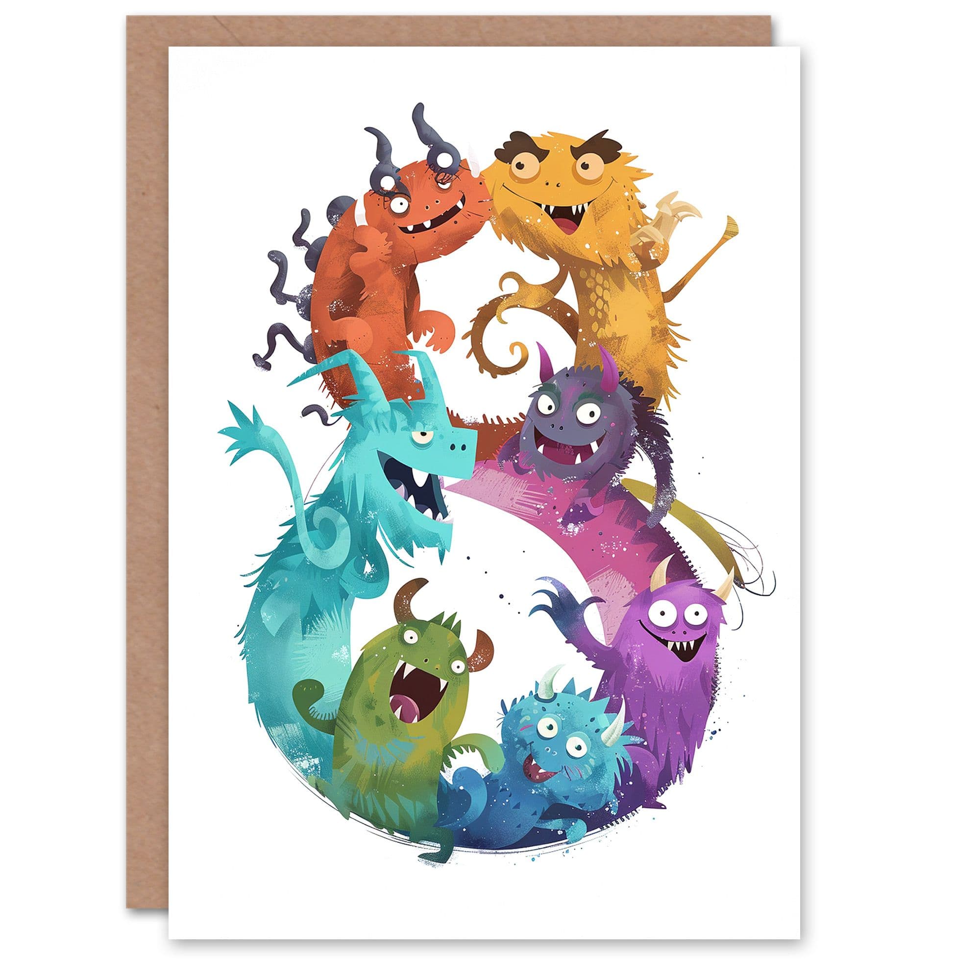 Artery8 8th Birthday Card Cute Monsters Number Eight Fun 8 Year Old For Child Kids Son Daughter Greeting Card