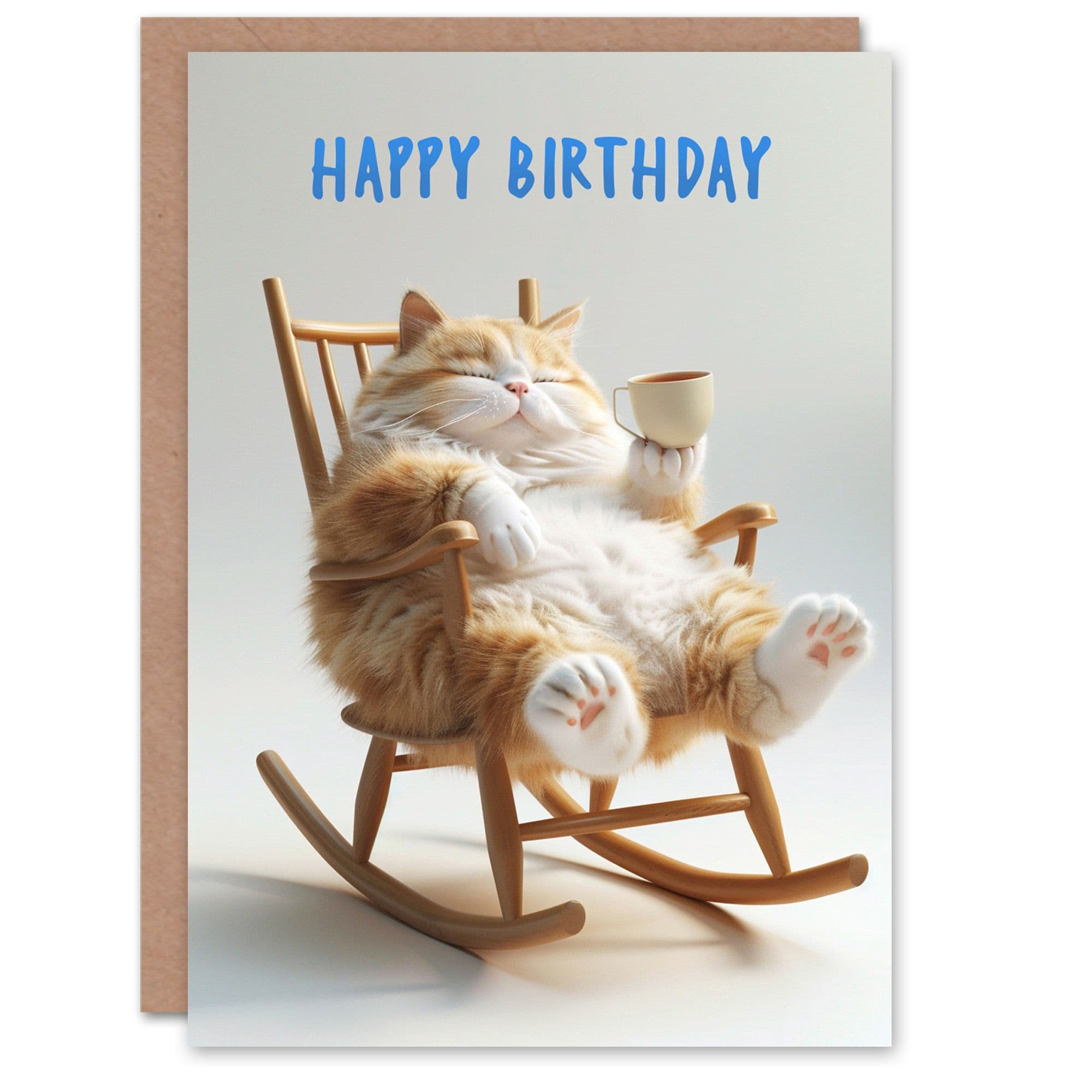 Birthday Card Fat Fluffy Cat Lover Rocking Chair Tea Son Daughter Greeting Card