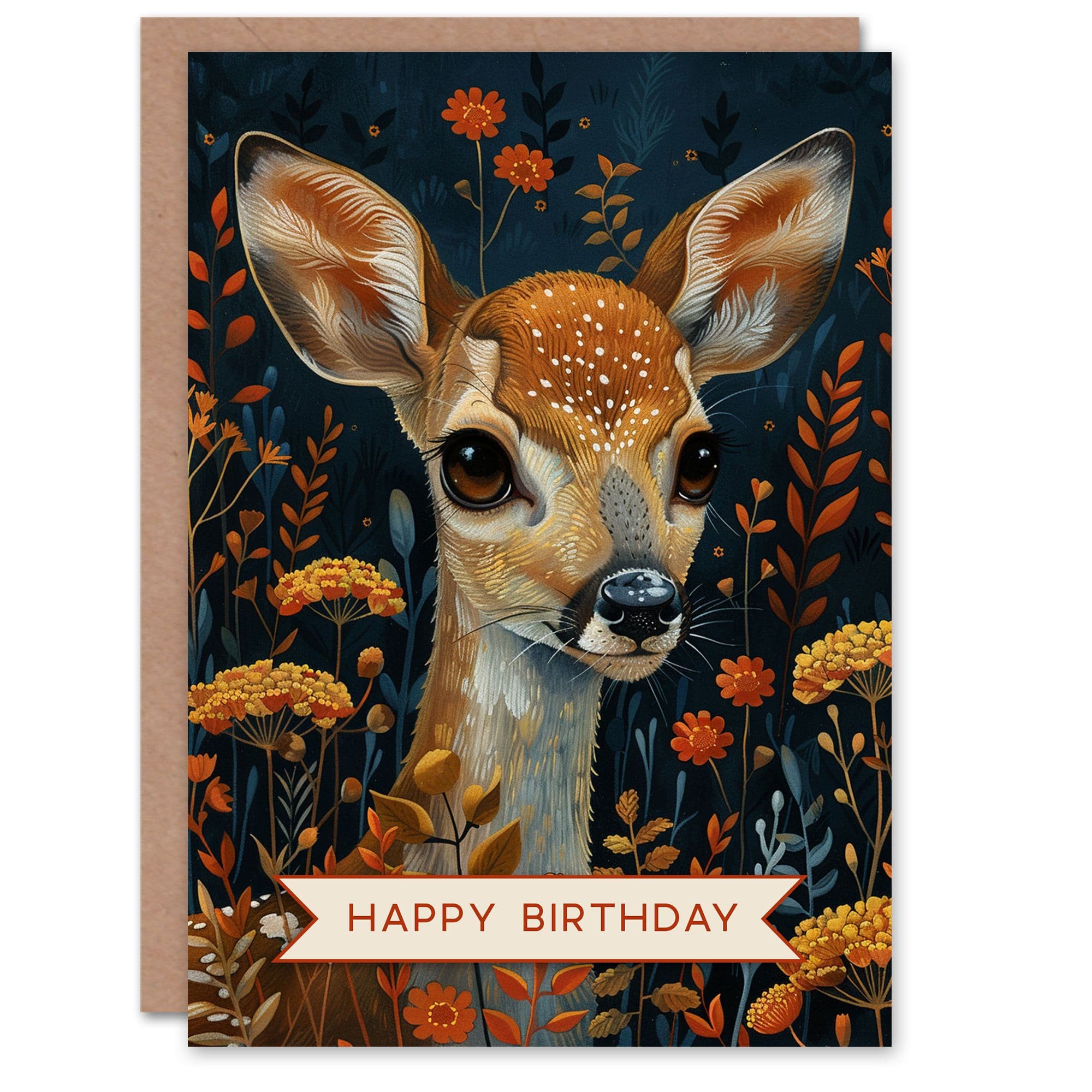 Artery8 Birthday Card Cute Forest Fawn Baby Deer Autumn Flowers For Child Kids Son Daughter Greeting Card
