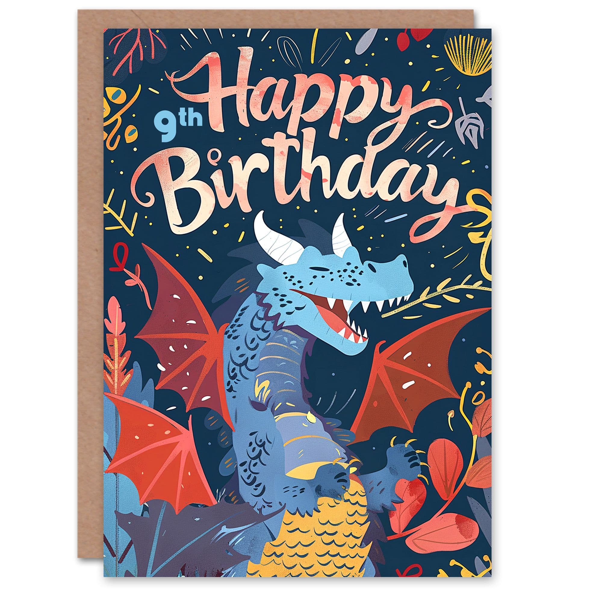 Artery8 Birthday Card Happy Laughing Dragon Design Fun Joy 9th 9 Year Old For Child Kids Son Daughter Greeting Card