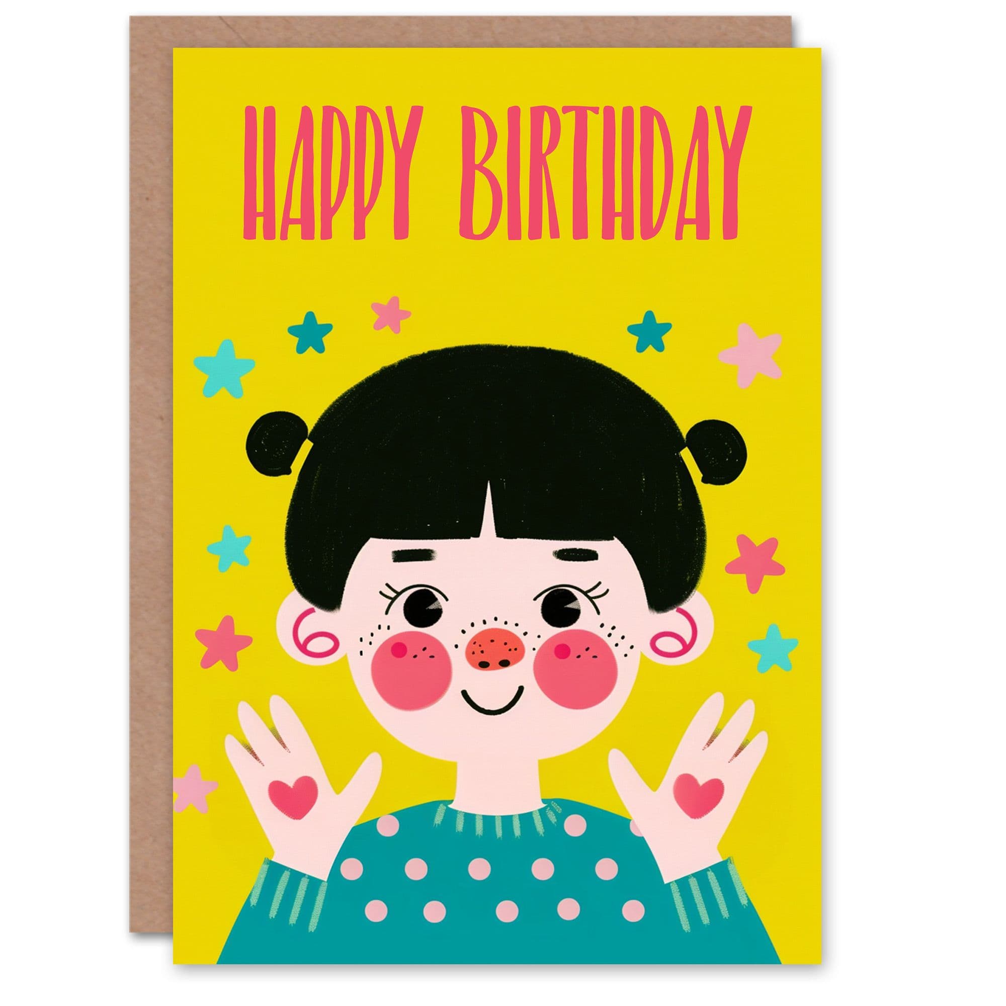 Artery8 Birthday Card Cute Girl Freckles Love Heart Stars Bright For Child Kids Daughter Greeting Card