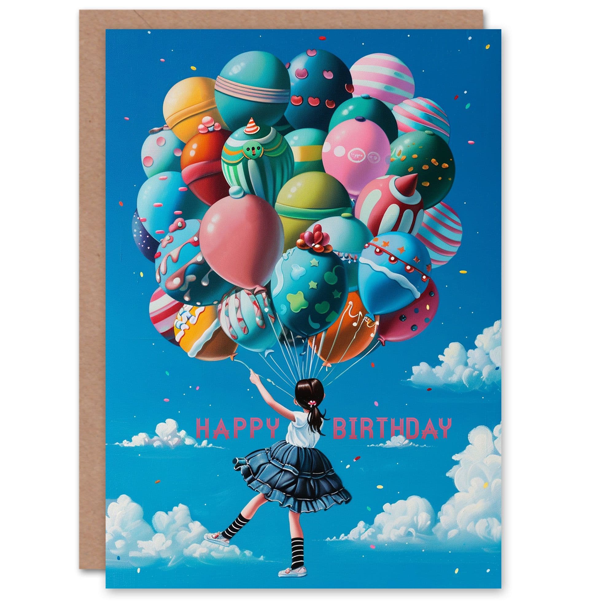 Artery8 Birthday Card Balloons Girl Flying in Sky Clouds For Child Kids Son Daughter Greeting Card