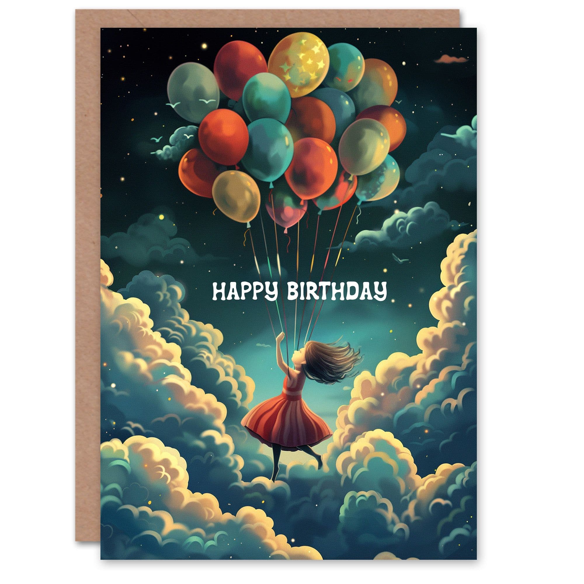 Birthday Card Balloons Flying Night Sky Stars Clouds Son Daughter Greeting Card