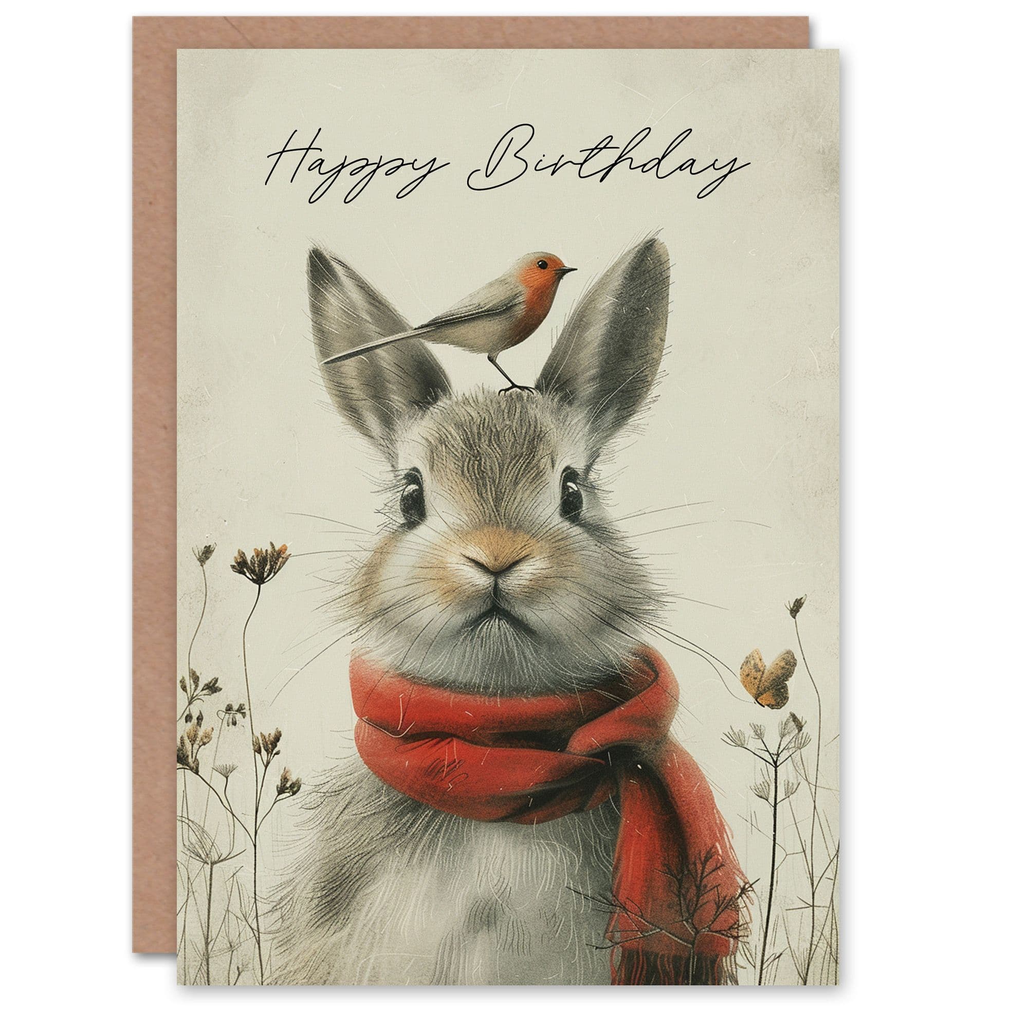 Birthday Card Cute Bunny Rabbit Robin Bird Winter Son Daughter Greeting Card