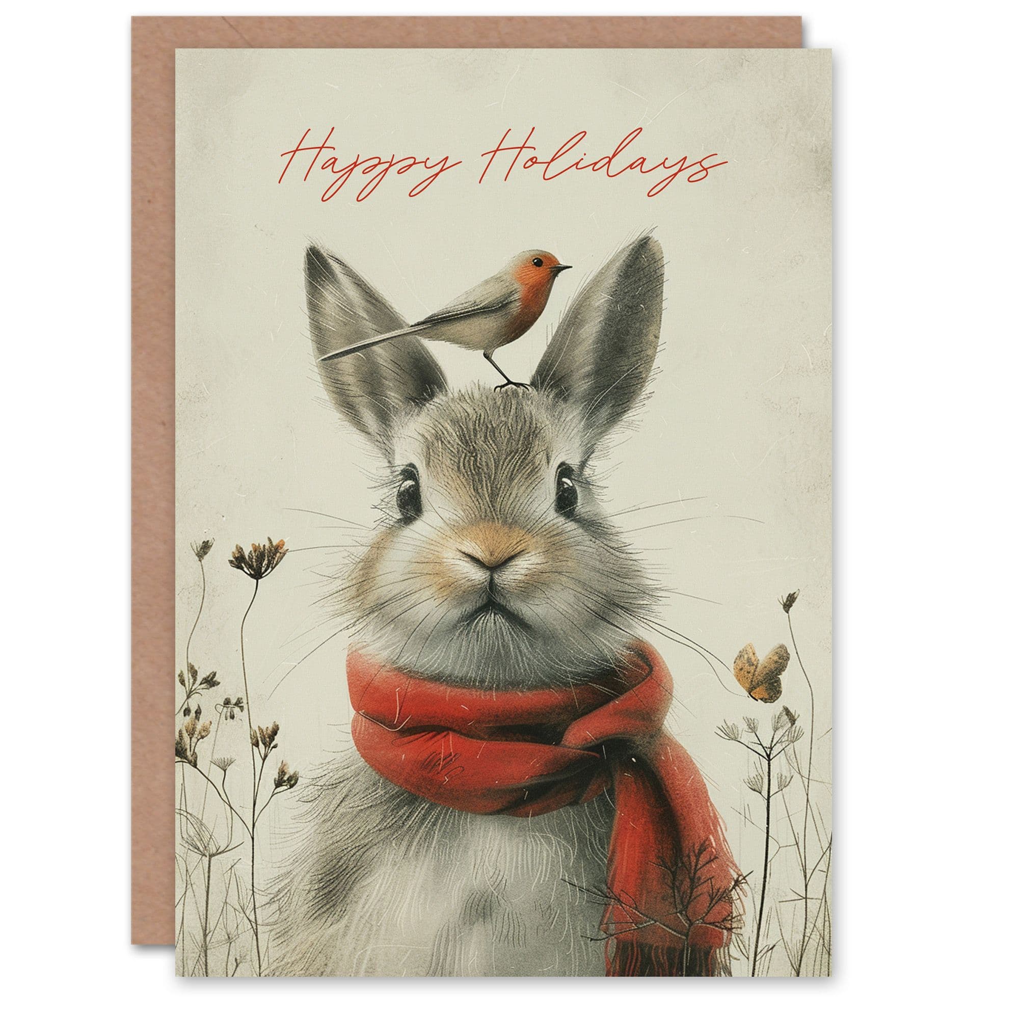 Artery8 Christmas Card Cute Bunny Rabbit Robin Bird Winter For Child Kids Son Daughter Greeting Card