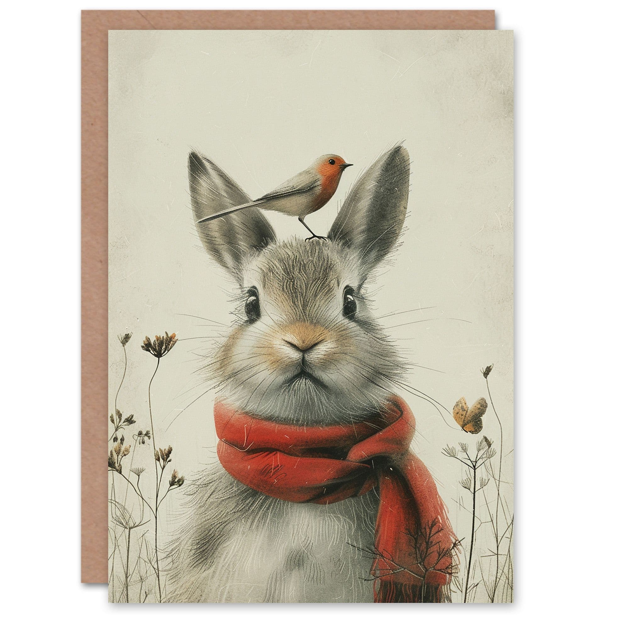 Artery8 Birthday Card Cute Rabbit Bunny Robin Bird Winter For Child Kids Son Daughter Greeting Card