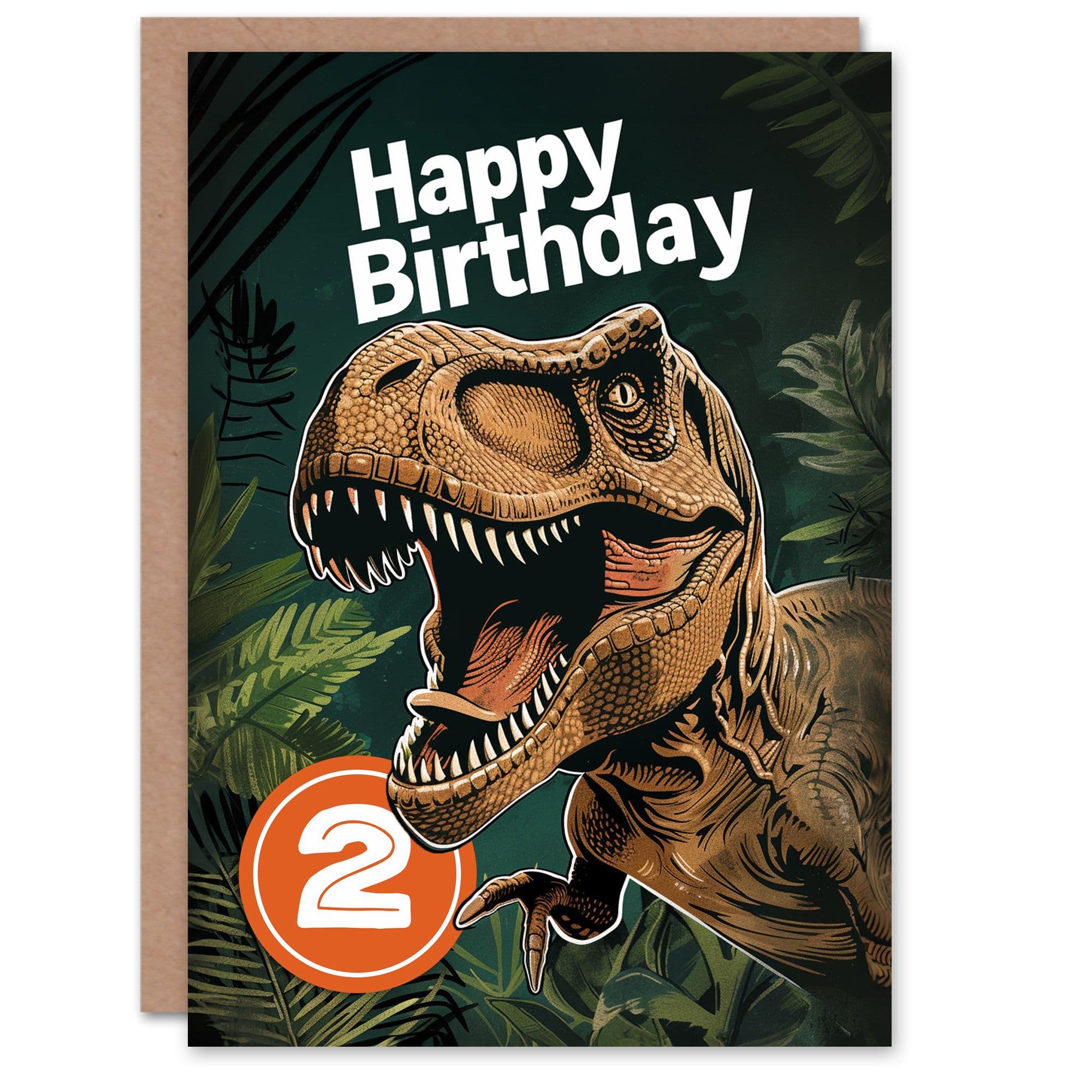 Artery8 Birthday Card Jurassic Dinosaur Roaring T-Rex Jungle 2nd 2 Year Old For Child Kids Son Daughter Greeting Card