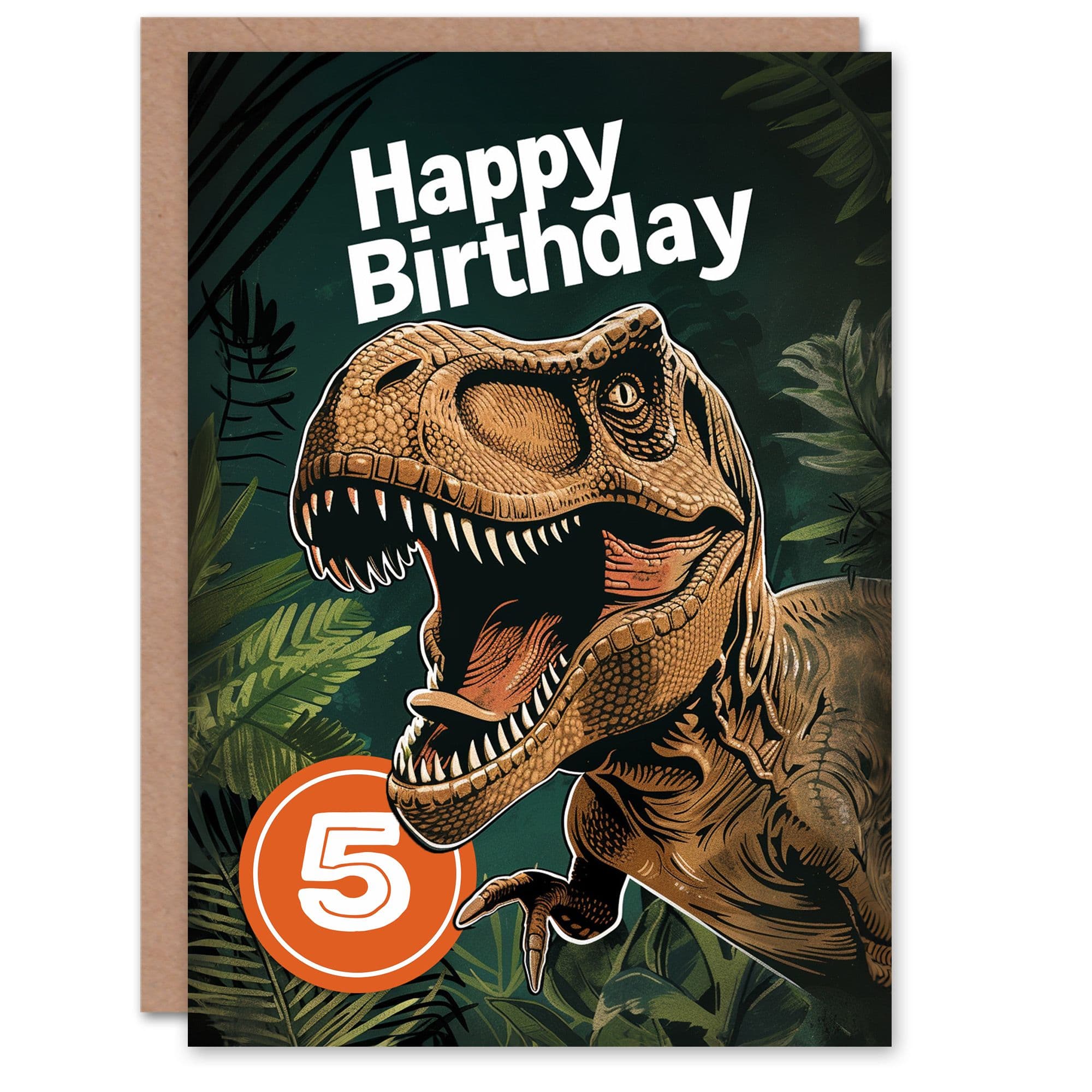 Artery8 Birthday Card Jurassic Dinosaur Roaring T-Rex Jungle 5th 5 Year Old For Child Kids Son Daughter Greeting Card