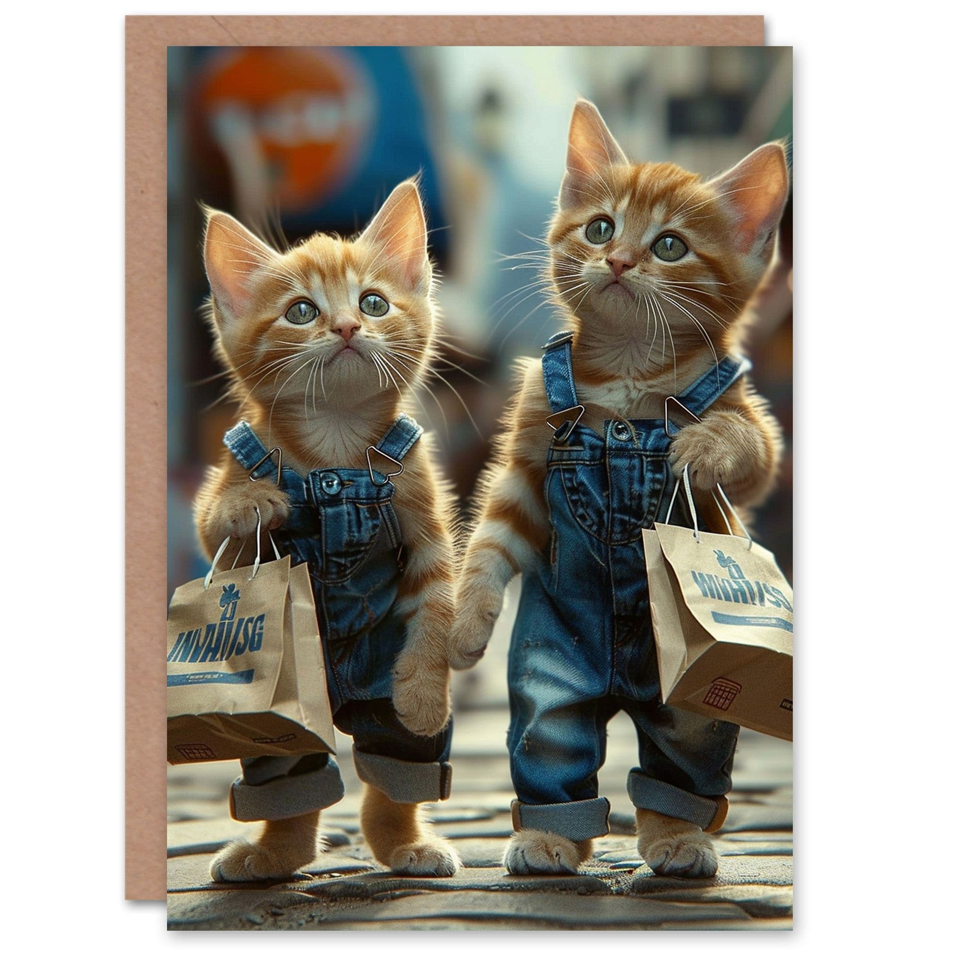 Birthday Card Cat Lover Cute Kittens Dungarees Shopping Son Daughter Greeting Card