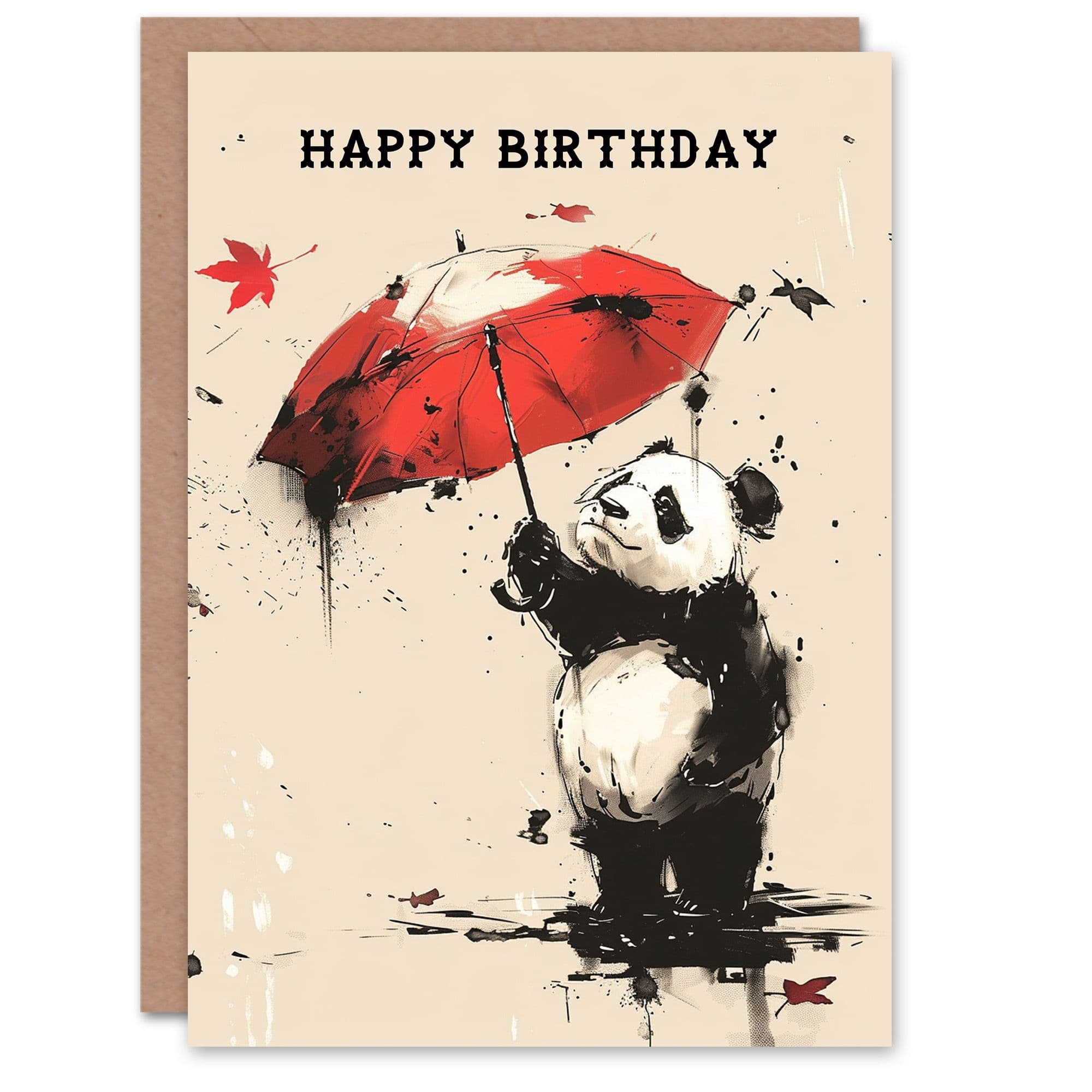 Artery8 Birthday Card Panda Bear Red Umbrella Autumn For Child Kids Son Daughter Greeting Card