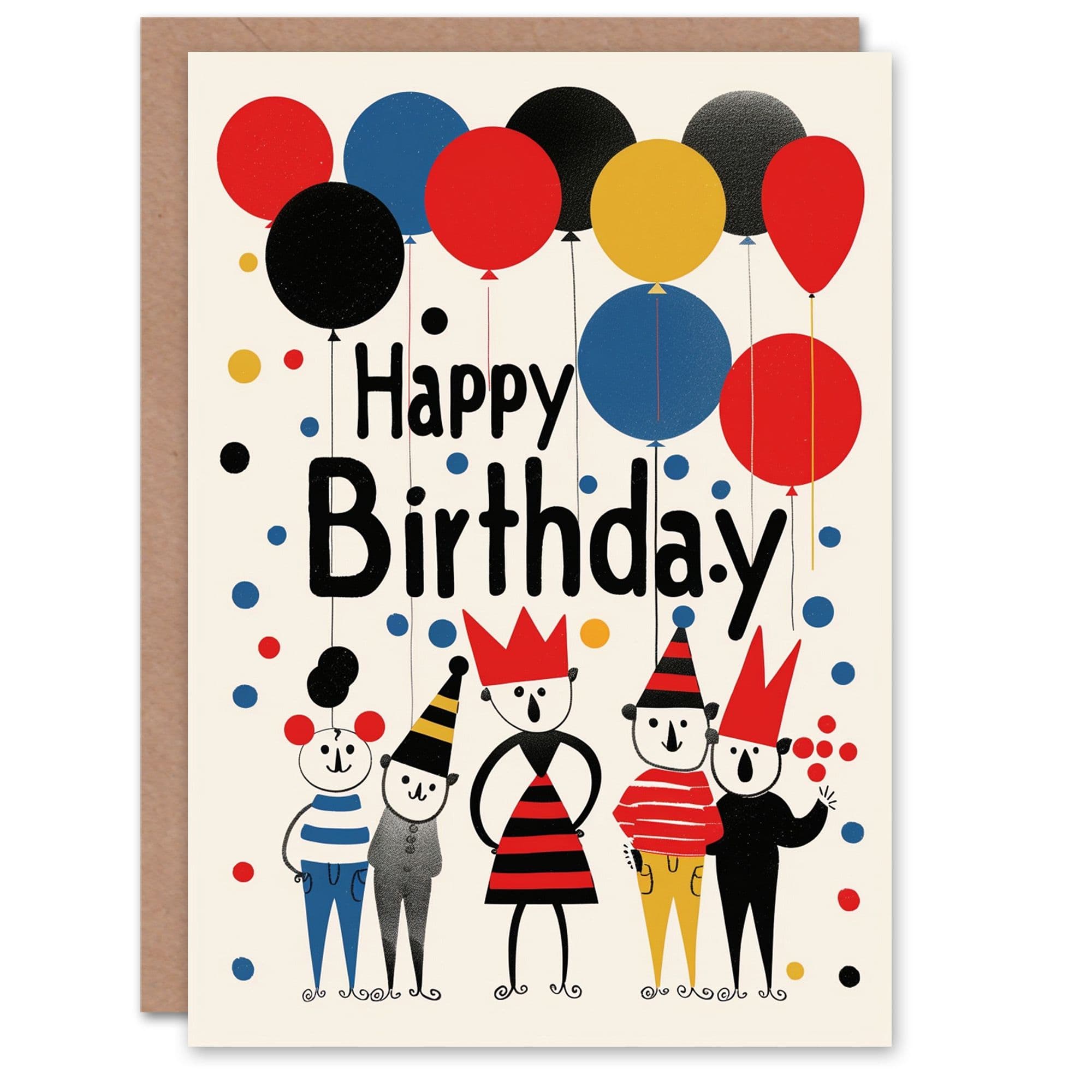 Birthday Card People Balloons Party Fun Simple Shapes Son Daughter Greeting Card