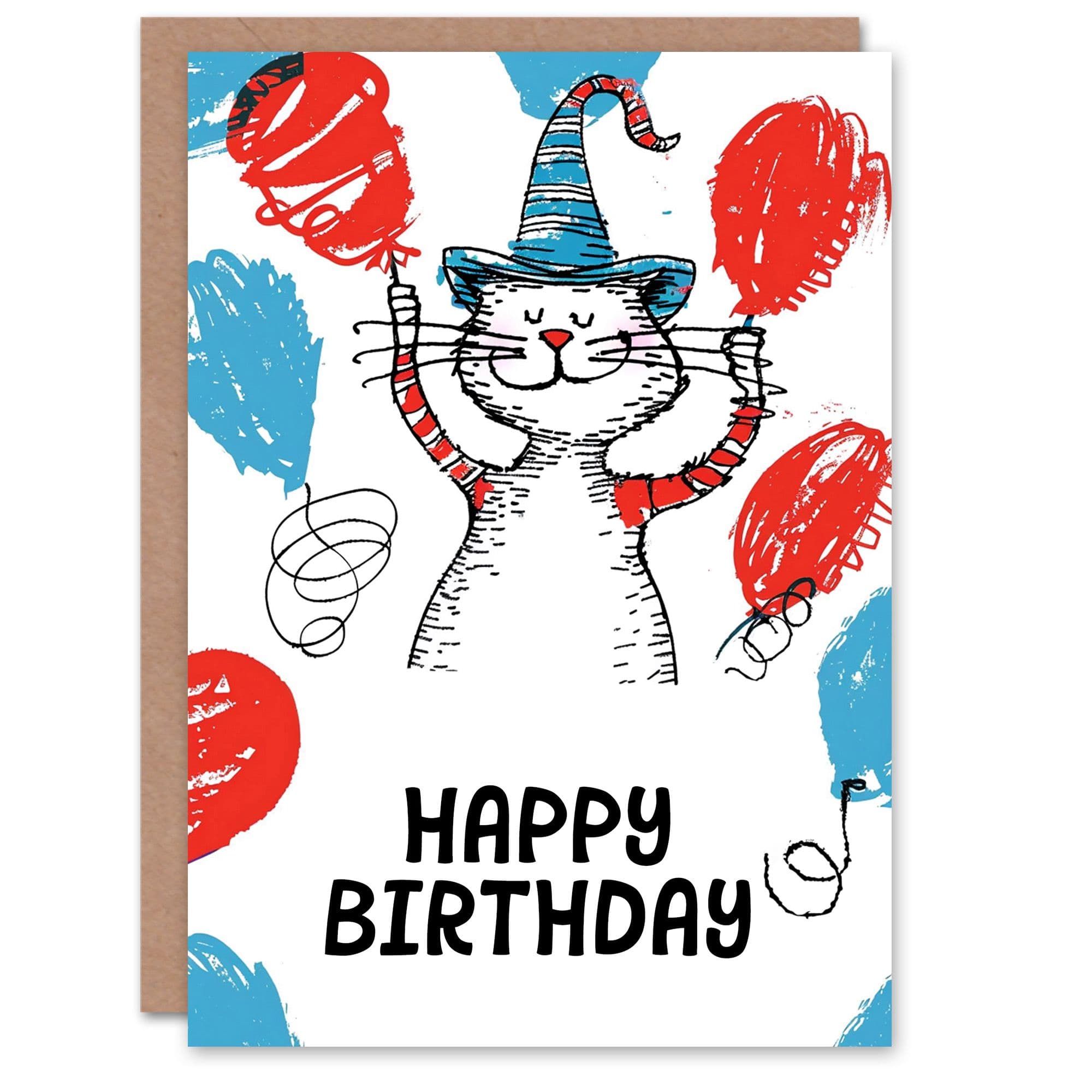 Birthday Card Cat Lover Balloons Hat Book Drawing Son Daughter Greeting Card