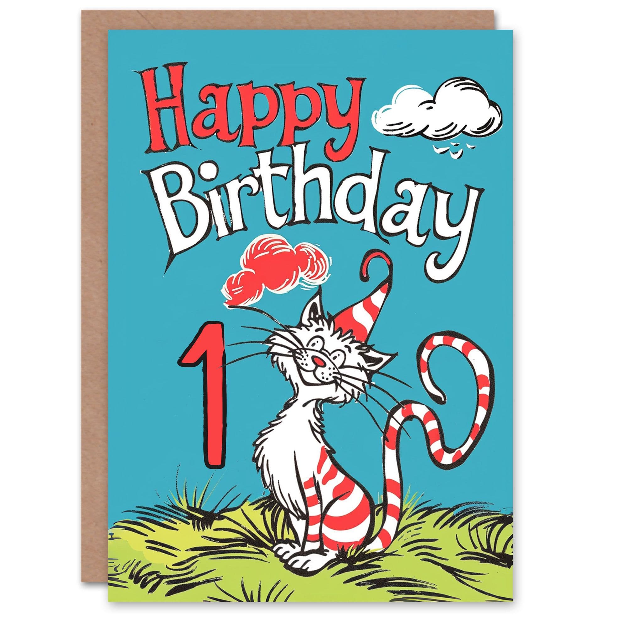 Birthday Card Cat Lover Stripes Hat Kitty Strange Fun 1st First One Year Old Son Daughter Greeting Card