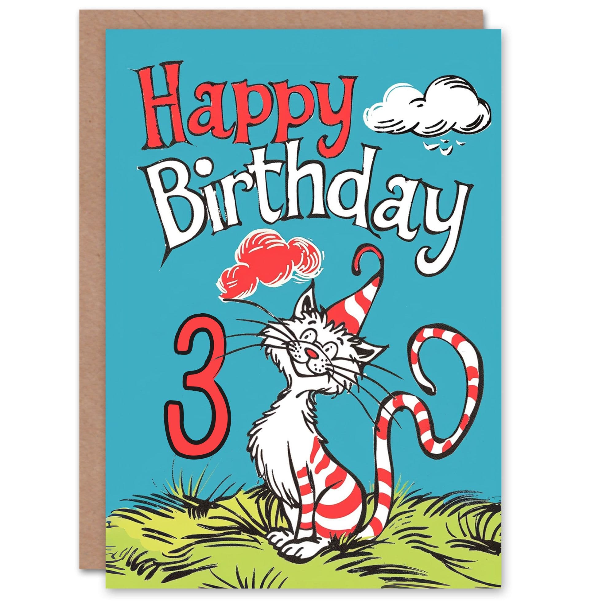Birthday Card Cat Lover Stripes Hat Kitty Strange Fun 3rd Old Son Daughter Greeting Card