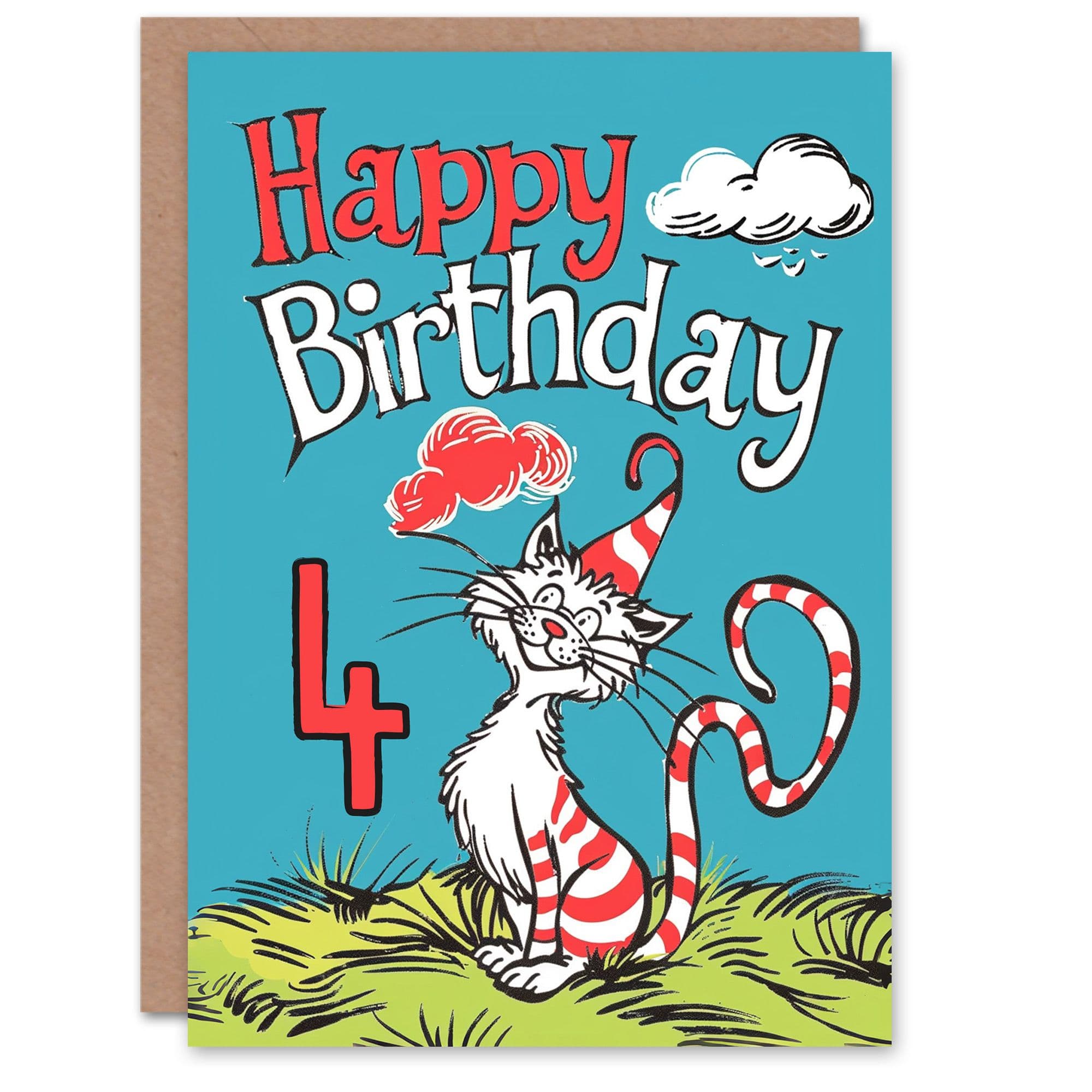 Artery8 Birthday Card Cat Lover Red Stripes Hat Kitty Strange Fun 4th 4 Year Old For Child Kids Son Daughter Greeting Card