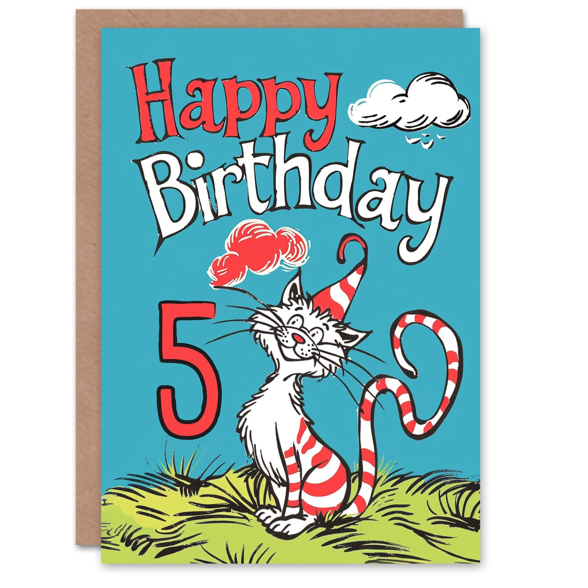 Birthday Card Cat Lover Stripes Hat Kitty Strange Fun 5th Old Son Daughter Greeting Card