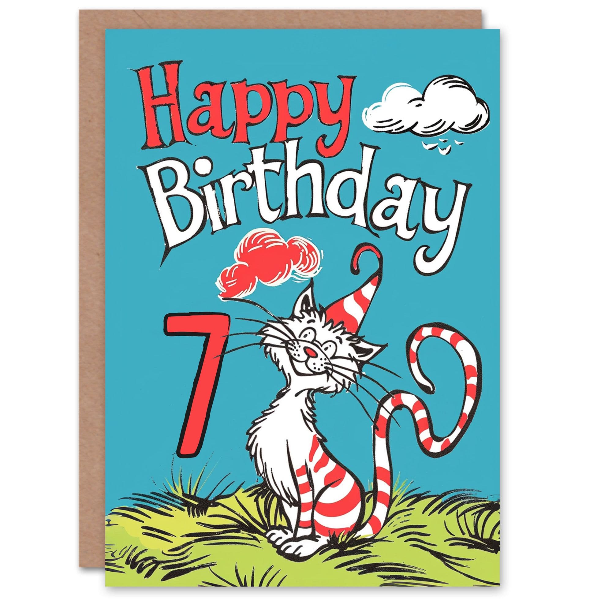Artery8 Birthday Card Cat Lover Red Stripes Hat Kitty Strange Fun 7th 7 Year Old For Child Kids Son Daughter Greeting Card