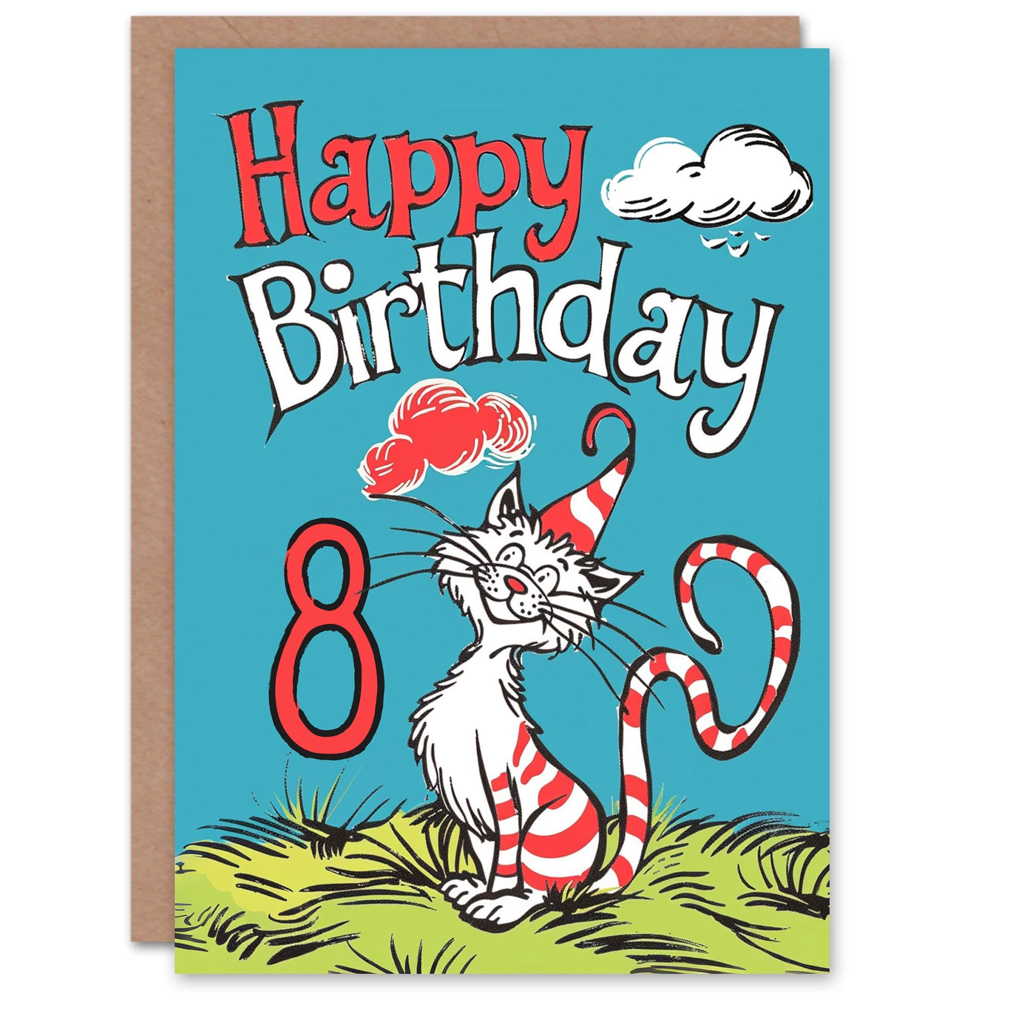 Artery8 Birthday Card Cat Lover Red Stripes Hat Kitty Strange Fun 8th 8 Year Old For Child Kids Son Daughter Greeting Card