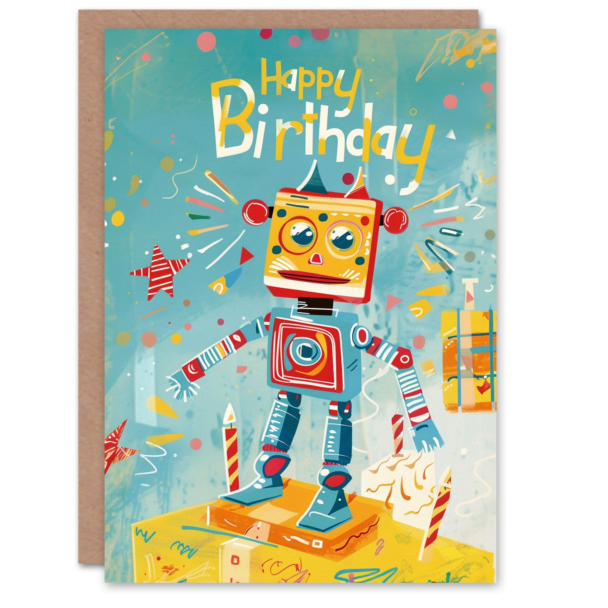 Birthday Card Cute Robot Orange Red Fun Son Daughter Greeting Card