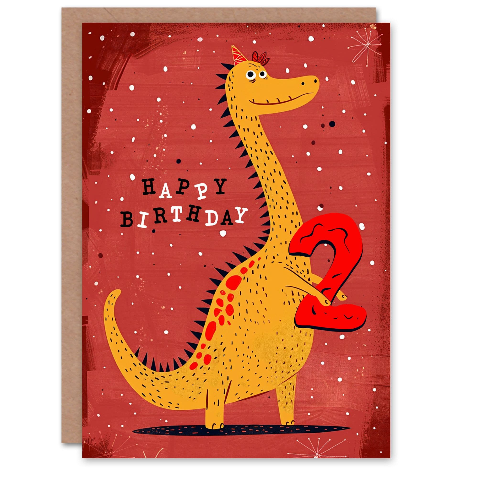 Artery8 Birthday Card Spiky Yellow Red Dinosaur Cartoon Cute 2nd 2 Year Old For Child Kids Son Daughter Greeting Card