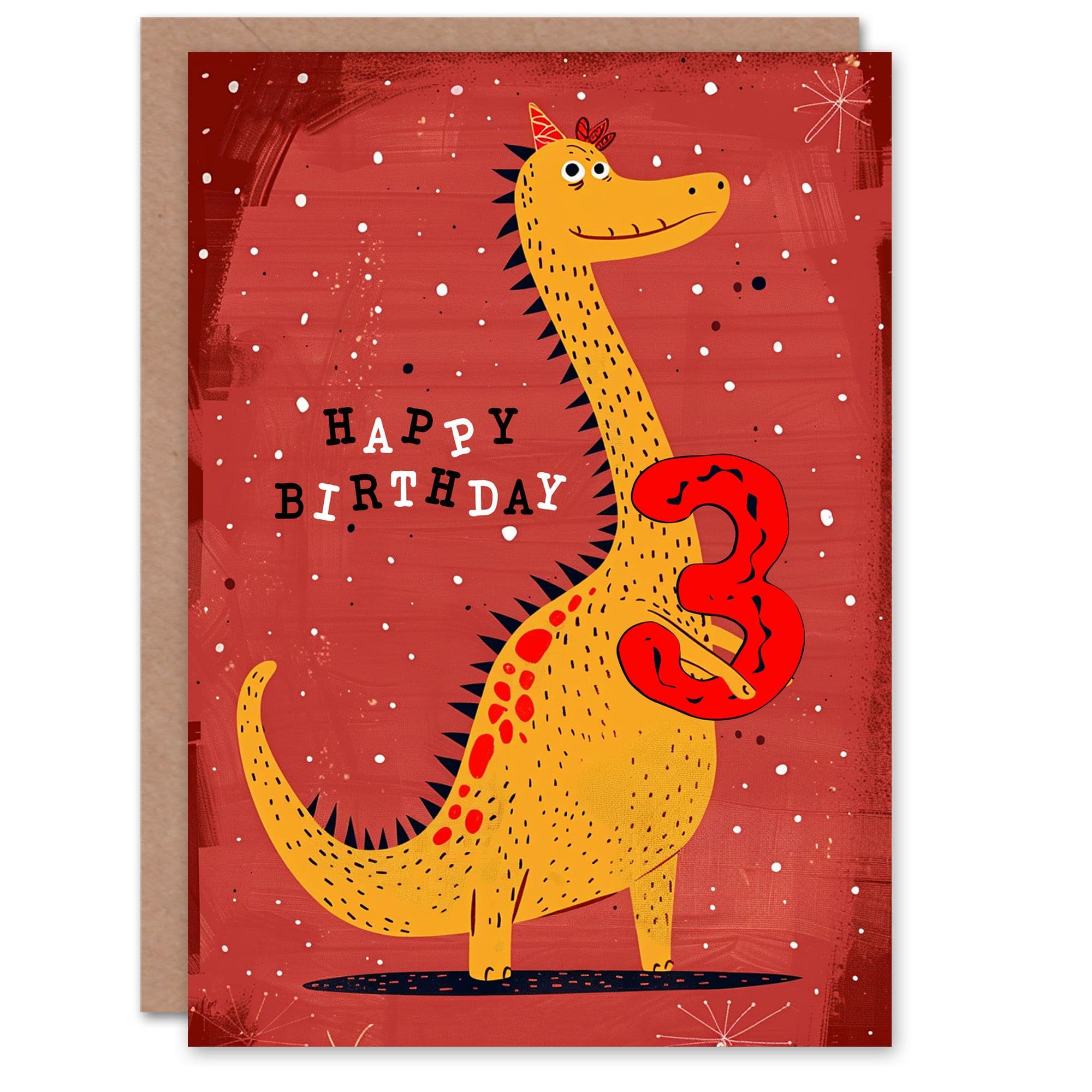 Artery8 Birthday Card Spiky Yellow Red Dinosaur Cartoon Cute 3rd 3 Year Old For Child Kids Son Daughter Greeting Card