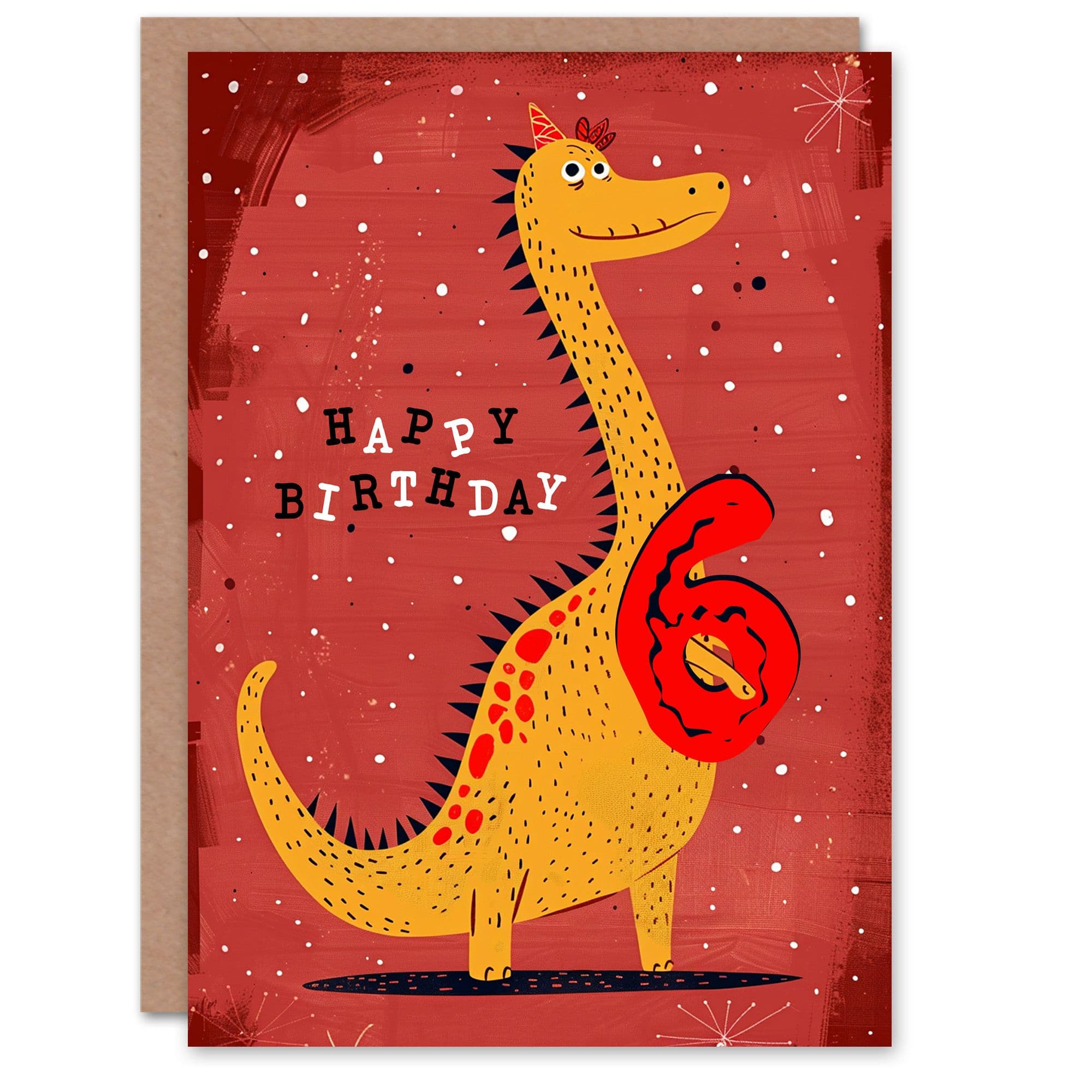 Birthday Card Spiky Yellow Dinosaur Cartoon Cute 6th Old Son Daughter Greeting Card