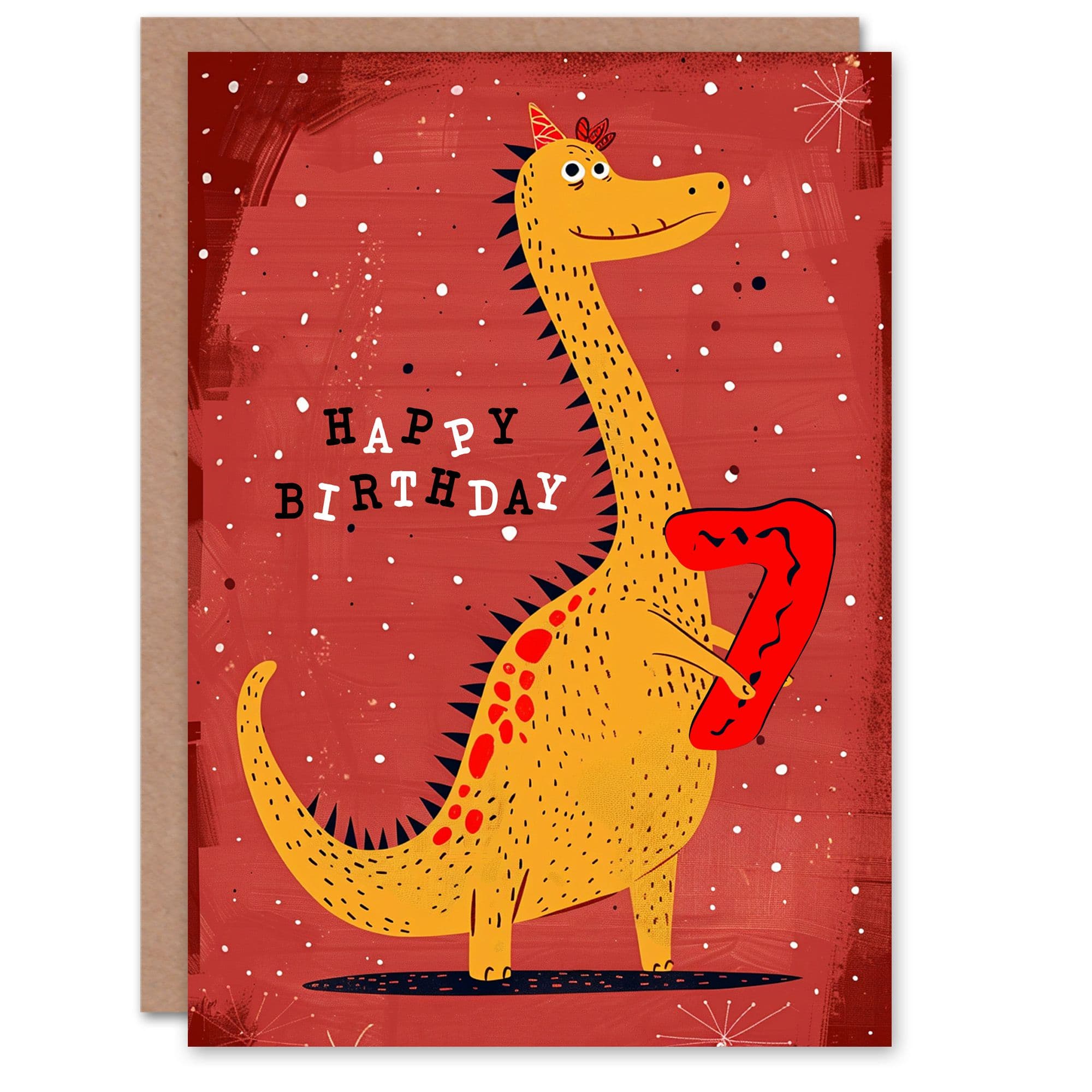 Artery8 Birthday Card Spiky Yellow Red Dinosaur Cartoon Cute 7th 7 Year Old For Child Kids Son Daughter Greeting Card