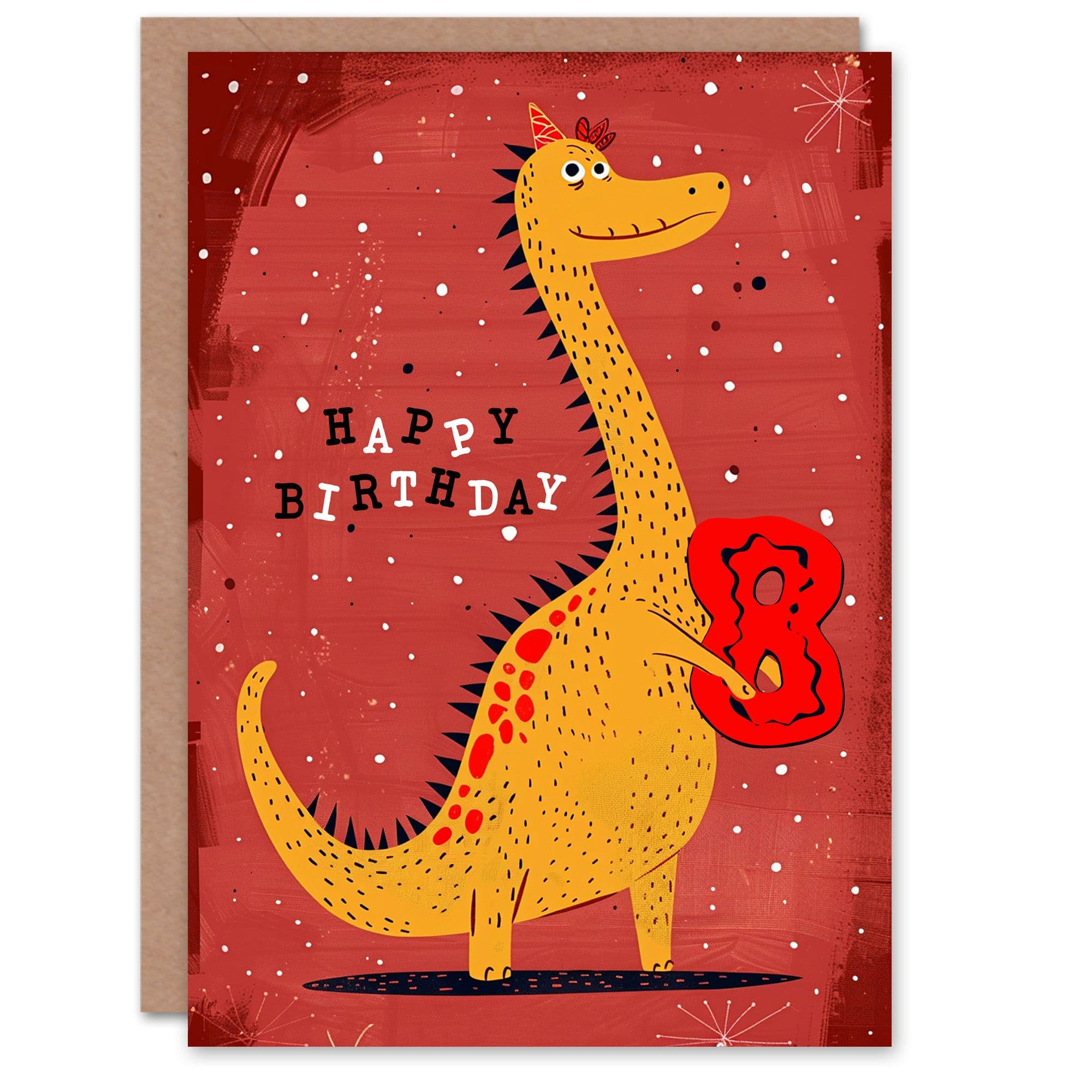 Artery8 Birthday Card Spiky Yellow Red Dinosaur Cartoon Cute 8th 8 Year Old For Child Kids Son Daughter Greeting Card