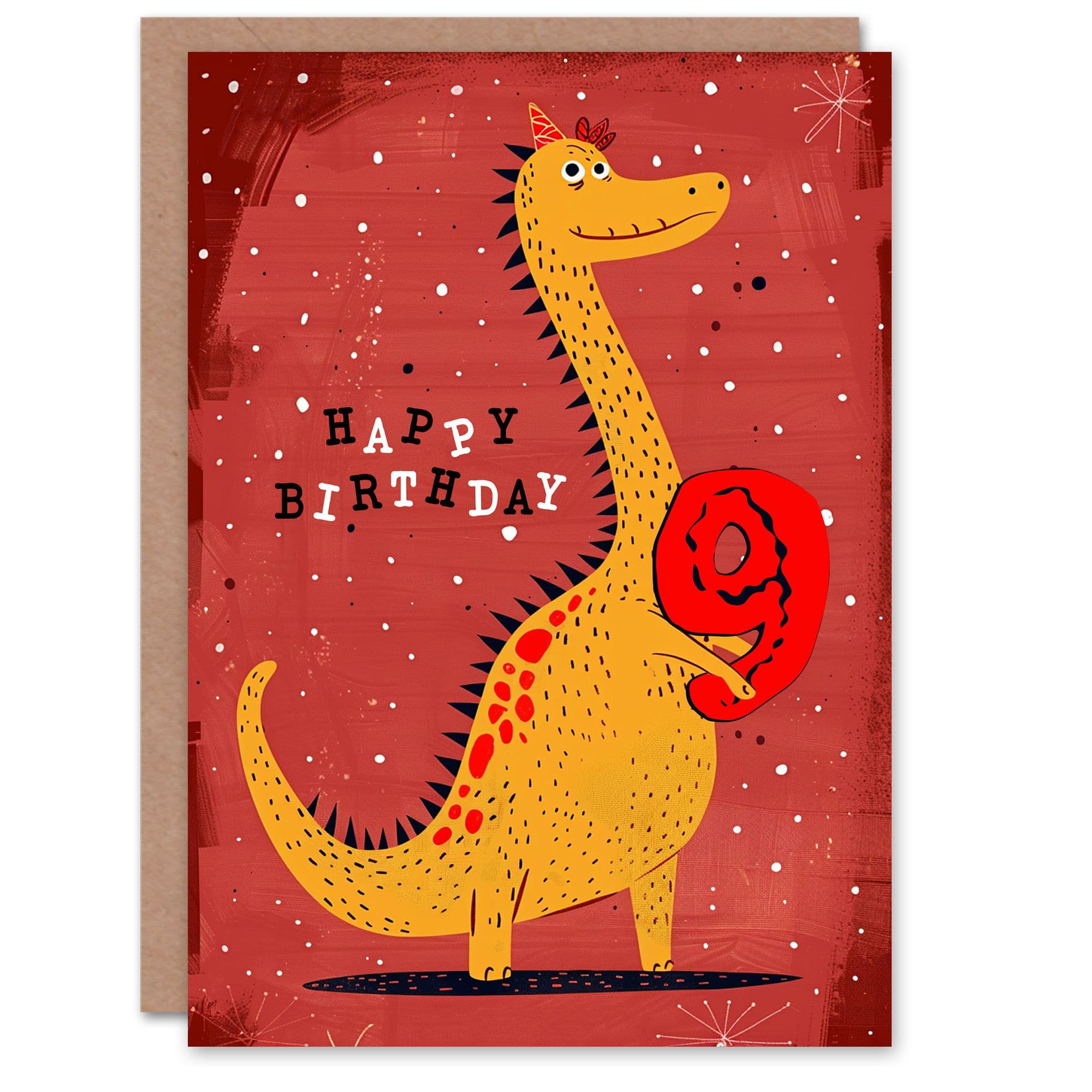 Birthday Card Spiky Yellow Dinosaur Cartoon Cute 9th Old Son Daughter Greeting Card
