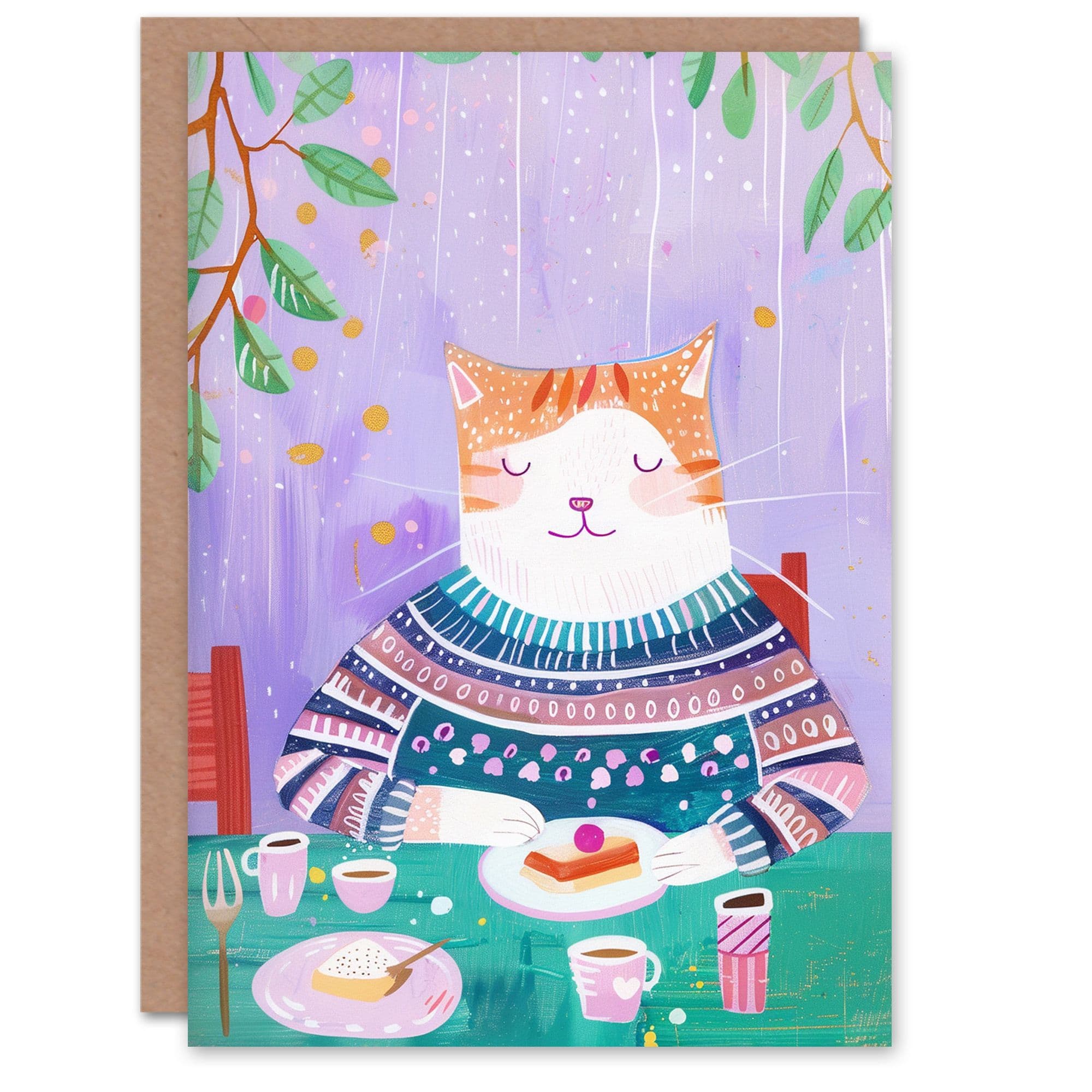 Birthday Card Ginger Tabby Cat Lover Cafe Cake Cute Son Daughter Greeting Card